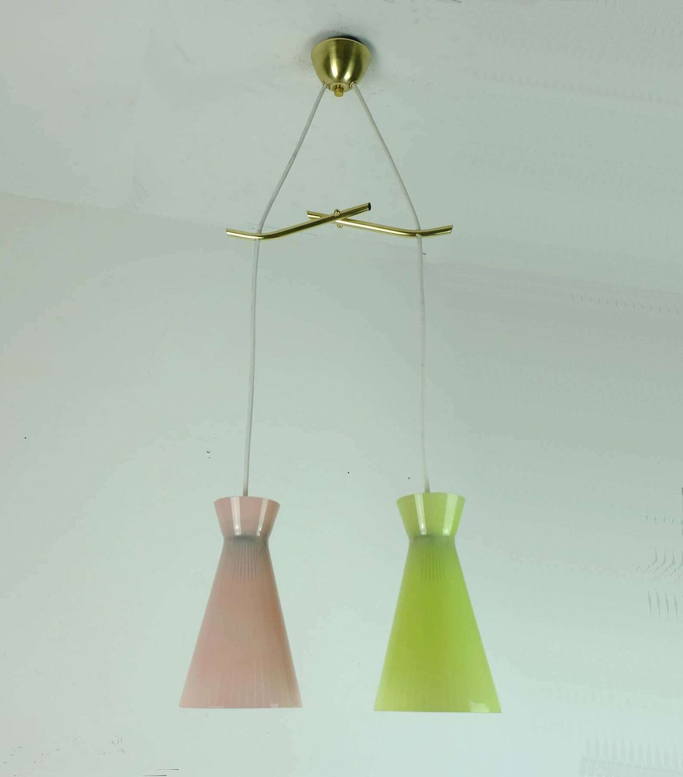 1950s Mid Century 2 Light Mid Century Pendant Light Glass Shades And Brass photo 263.7255