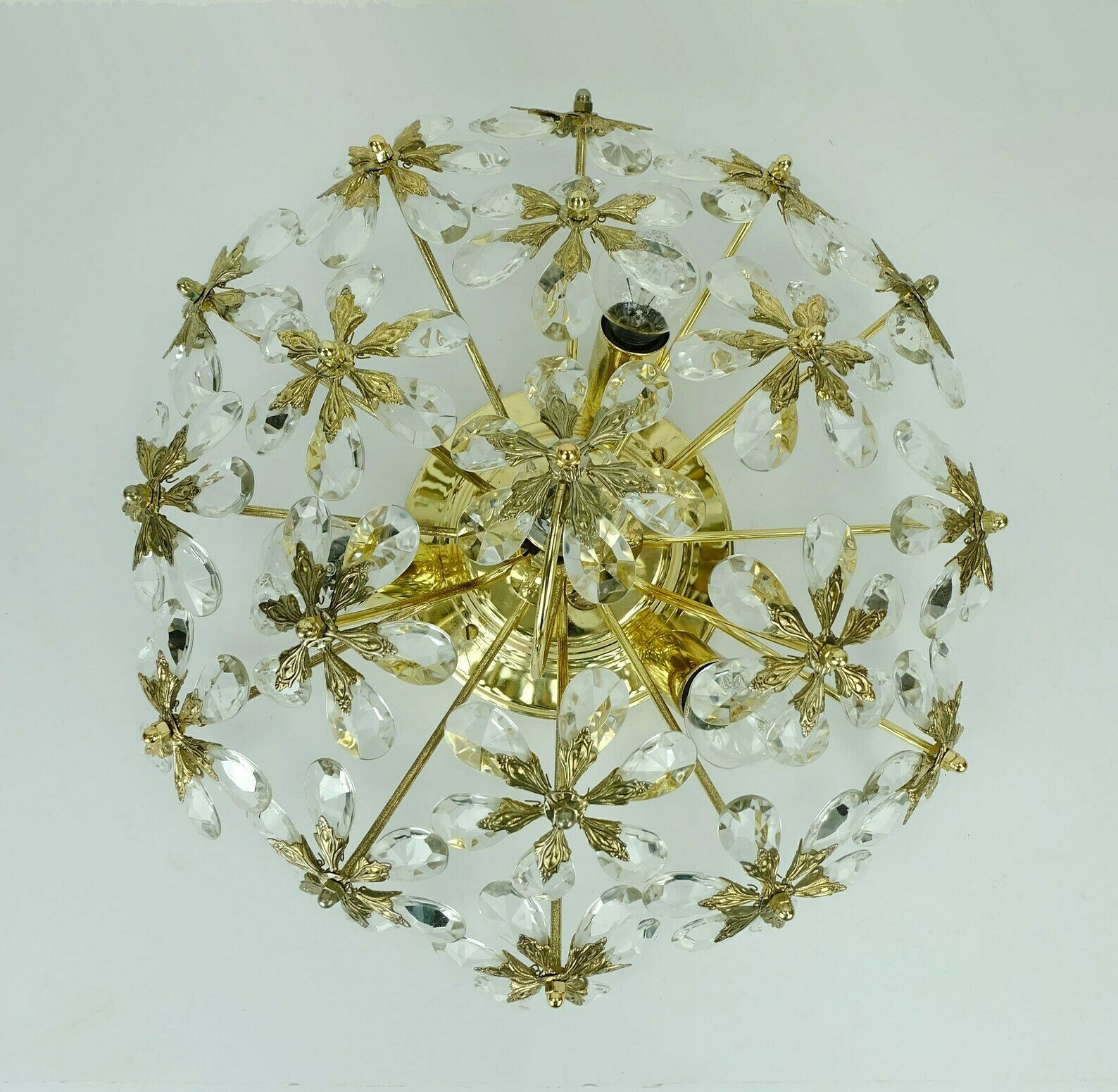 Palwa Ceiling Fixture Glass Blossom Light 1970s Flush Mount Glass Crystals And Gilt Brass photo buy