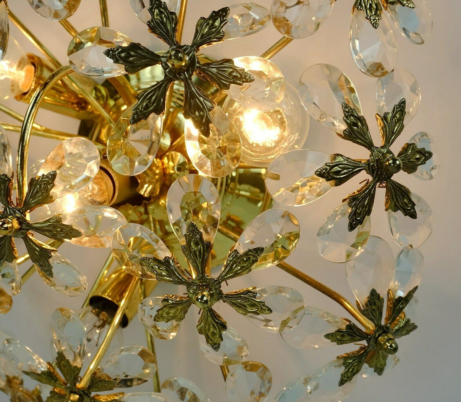Palwa Ceiling Fixture Glass Blossom Light 1970s Flush Mount Glass Crystals And Gilt Brass photo vintage