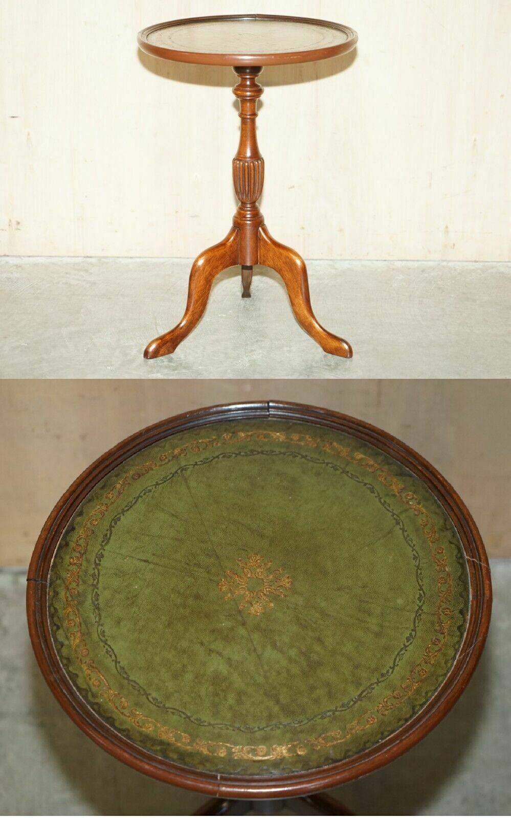 Vintage 1930's Mahogany Heritage Green Leather Tripod Side End Lamp Wine Table