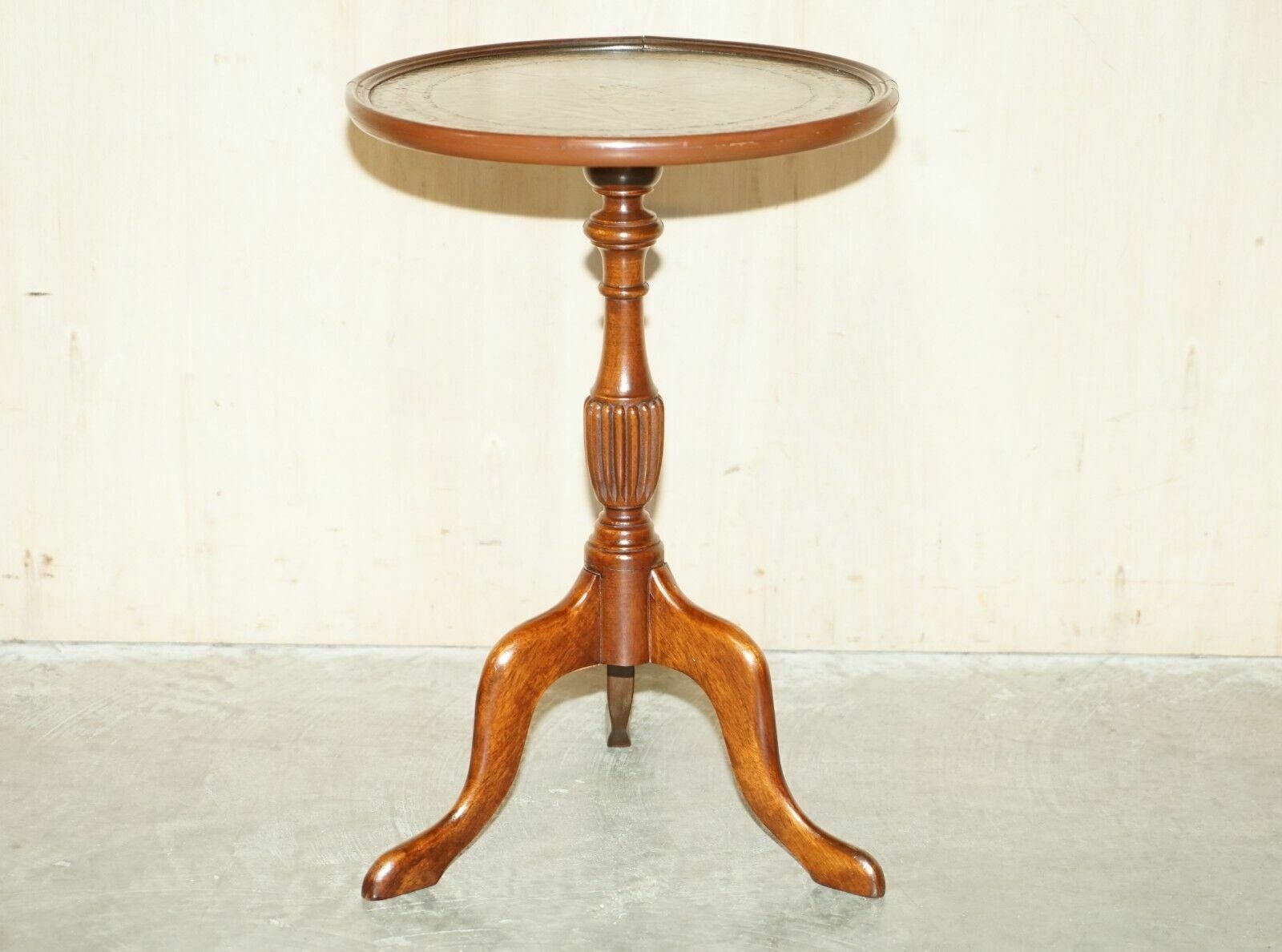 Vintage 1930's Mahogany Heritage Green Leather Tripod Side End Lamp Wine Table photo furniture