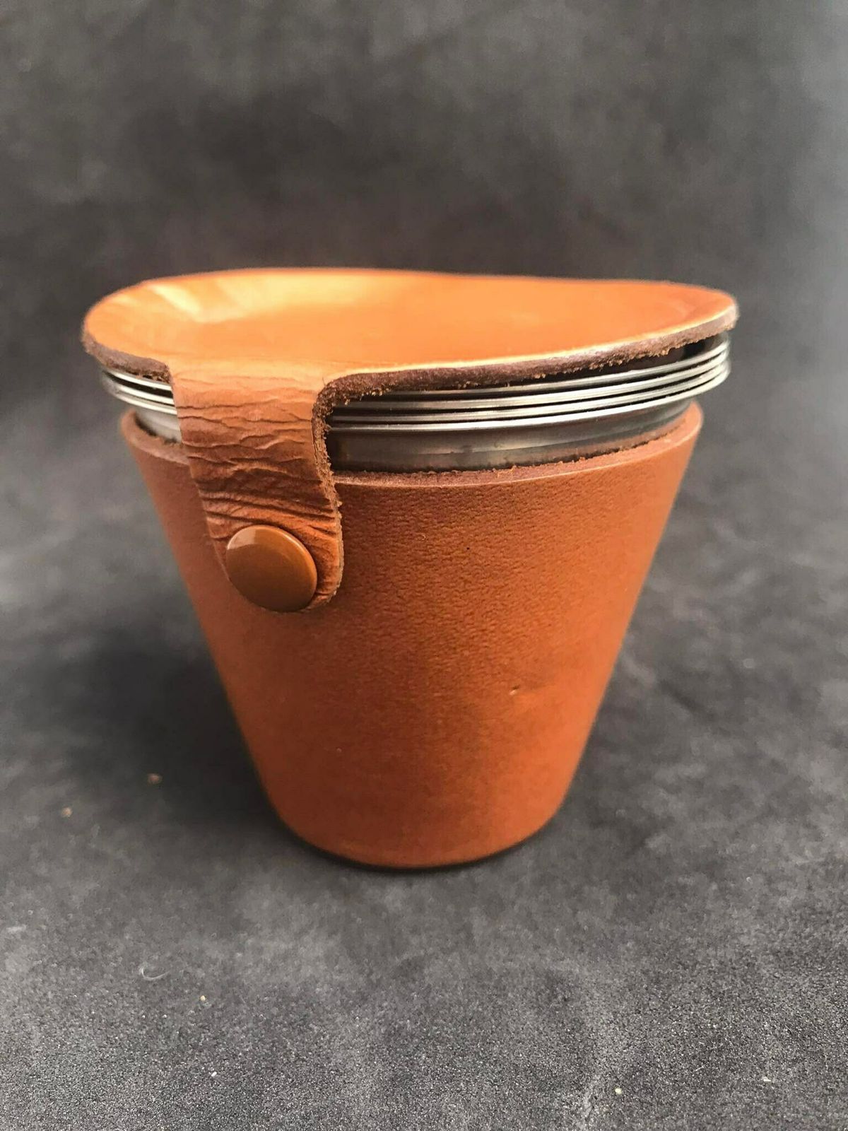 Stirrup Cups Set Mid Century Denmark Stainless Steel, Ria Hunting Cups Travel Beakers, Glasses Brown Leather Holder Gift For Him photo buy