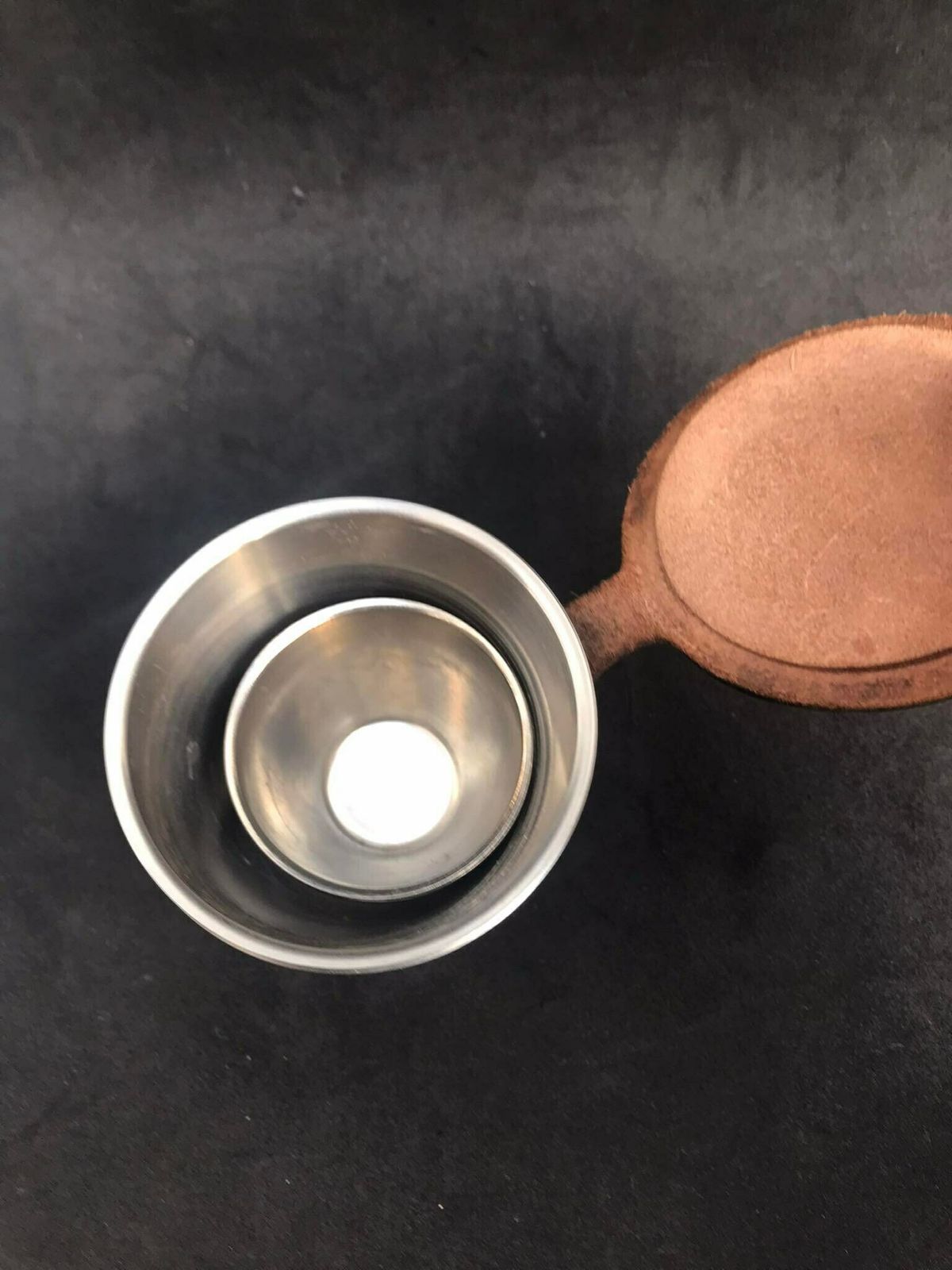 Stirrup Cups Set Mid Century Denmark Stainless Steel, Ria Hunting Cups Travel Beakers, Glasses Brown Leather Holder Gift For Him photo vintage