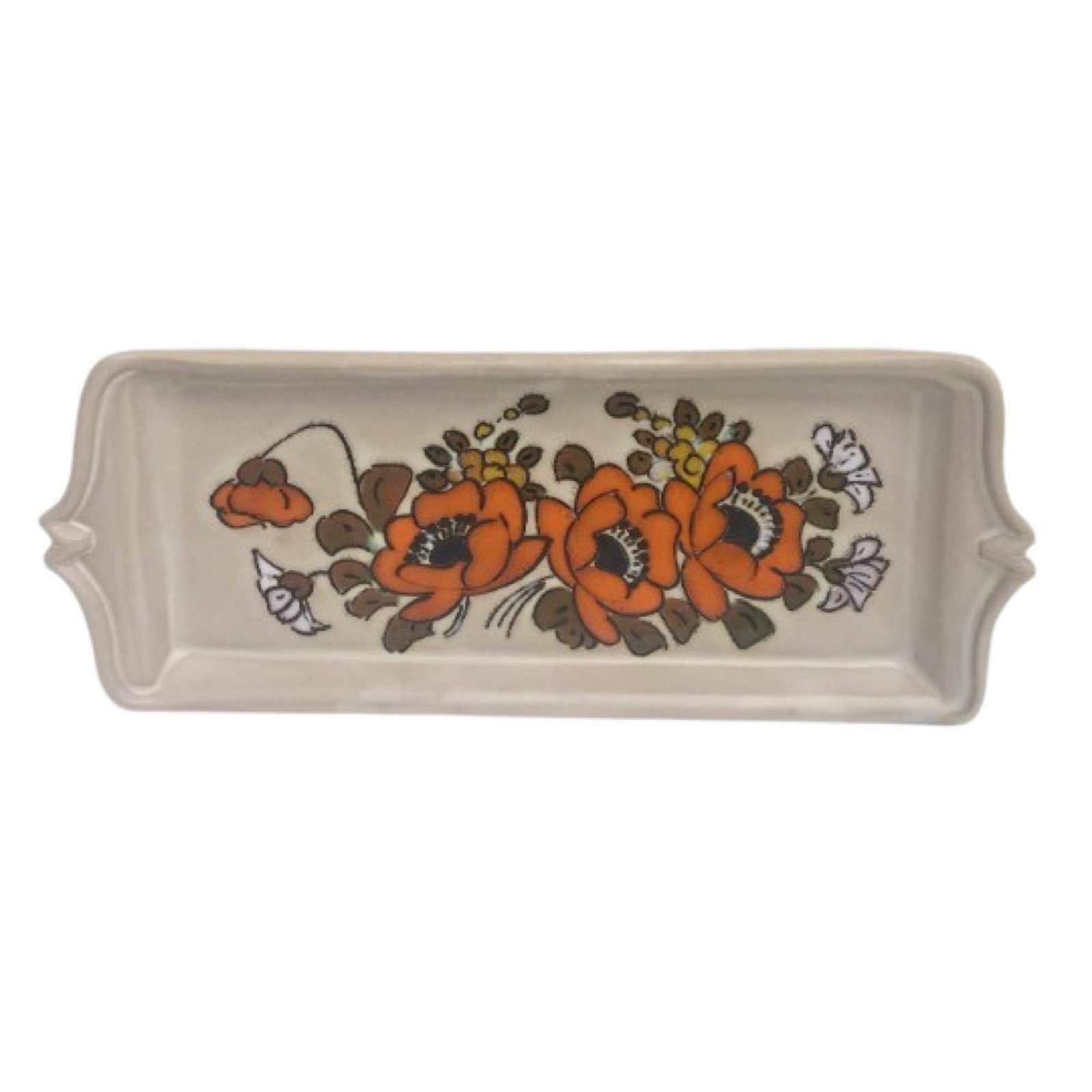 Vallauris Jaren '70 Oranje Bloemen Serveerschaal – Rechthoekig Handgeschilderd Bord, Mid Century Frans Aardewerk, Jaren 1970, Keramiek, Beige, Serveerschaal