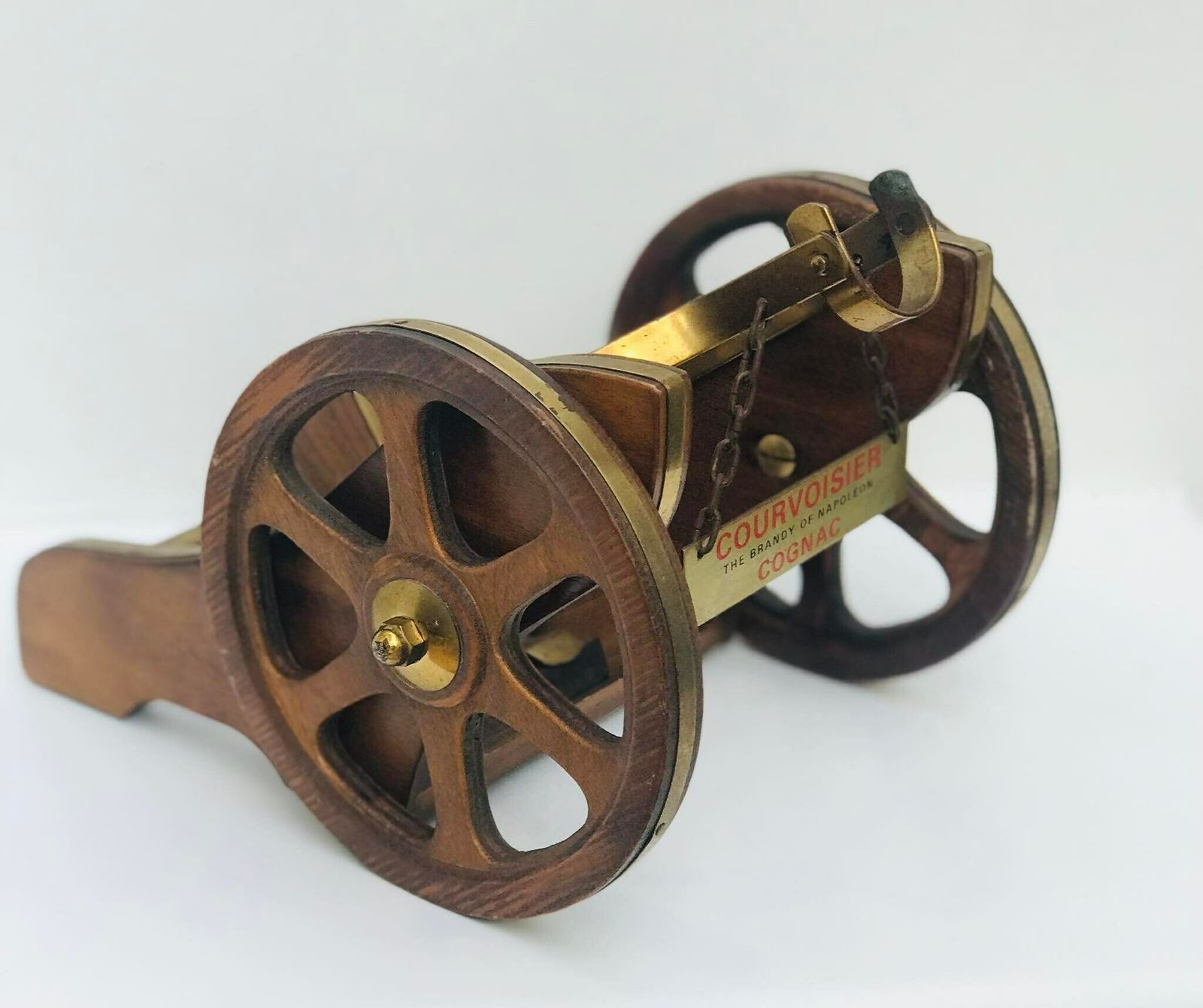 Cognac Napoleon Decanter Courvoisier Cannon Display Piece Liquor Advertising Display Cognac Fine Champagne Wooden Bar Tools 1950s photo vintage
