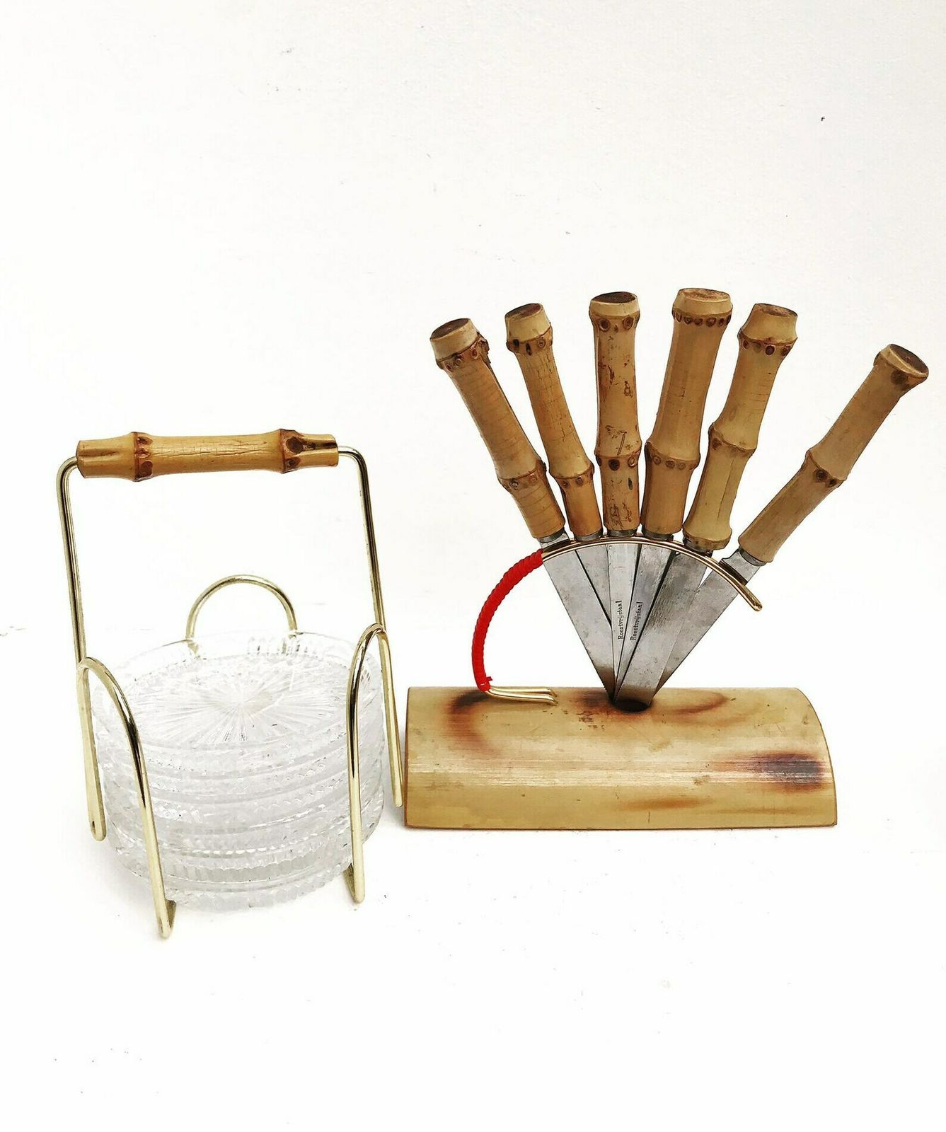 Bamboo Handle Vintage Knives Set Coasters 1960s 6 Fruit Knife Bamboo Handle Stainless Flatware Germany Boho Chic Bamboo Silverware