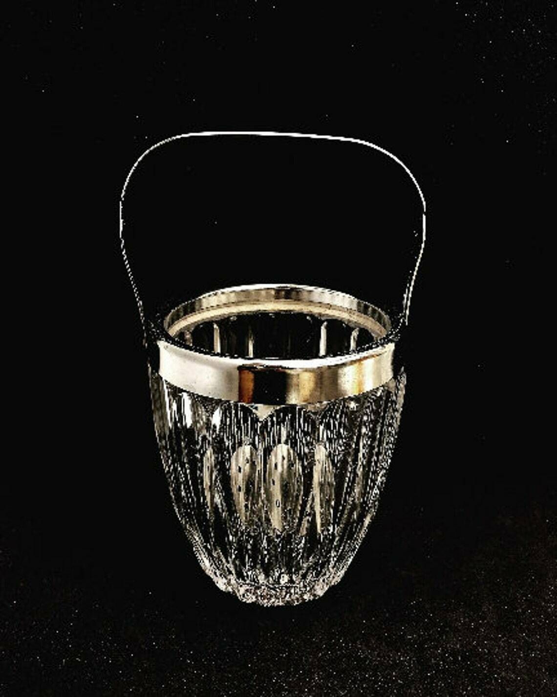 photo for sale Crystal Cut Ice Bucket 50s Carved Metal, Mid Century Heavy French Bar Accessory Bar Cart Decor Gift For Him Bartender