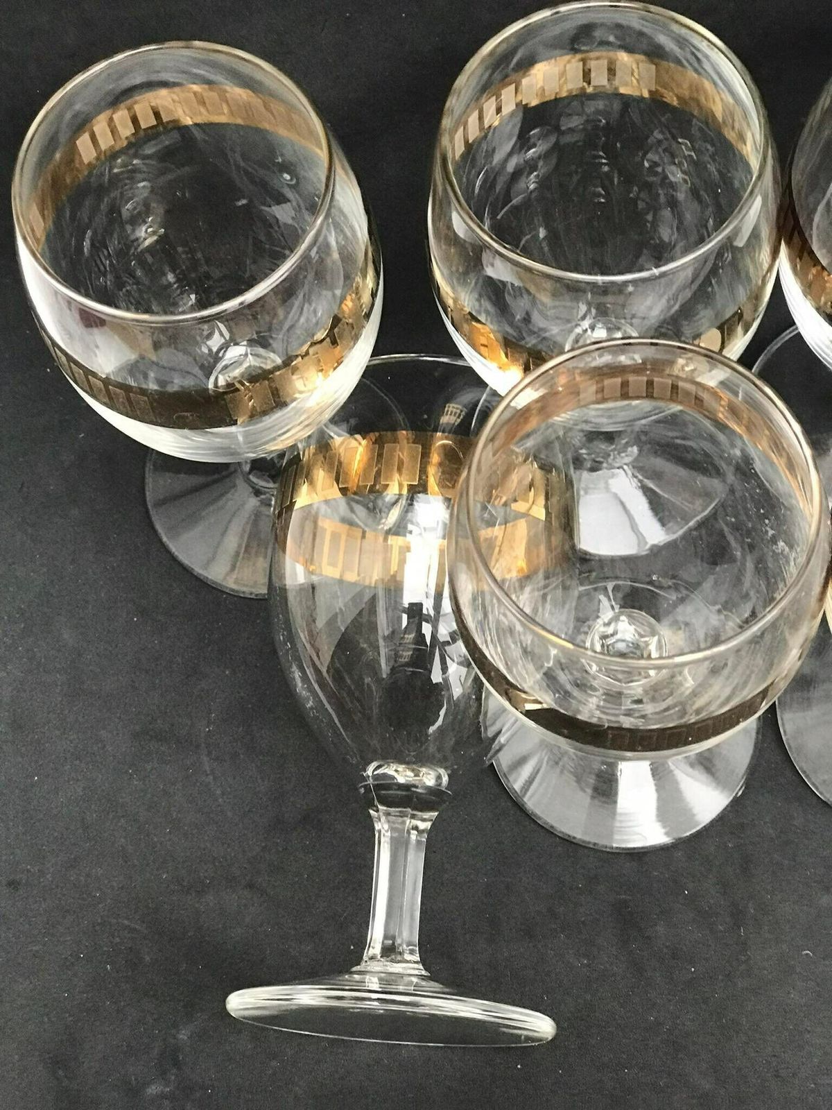 Lot de 6 verres à vin, pied doré décoré à base ronde, dorure à l'or fin, Hollywood Regency, France, années 1950 photo 146.0
