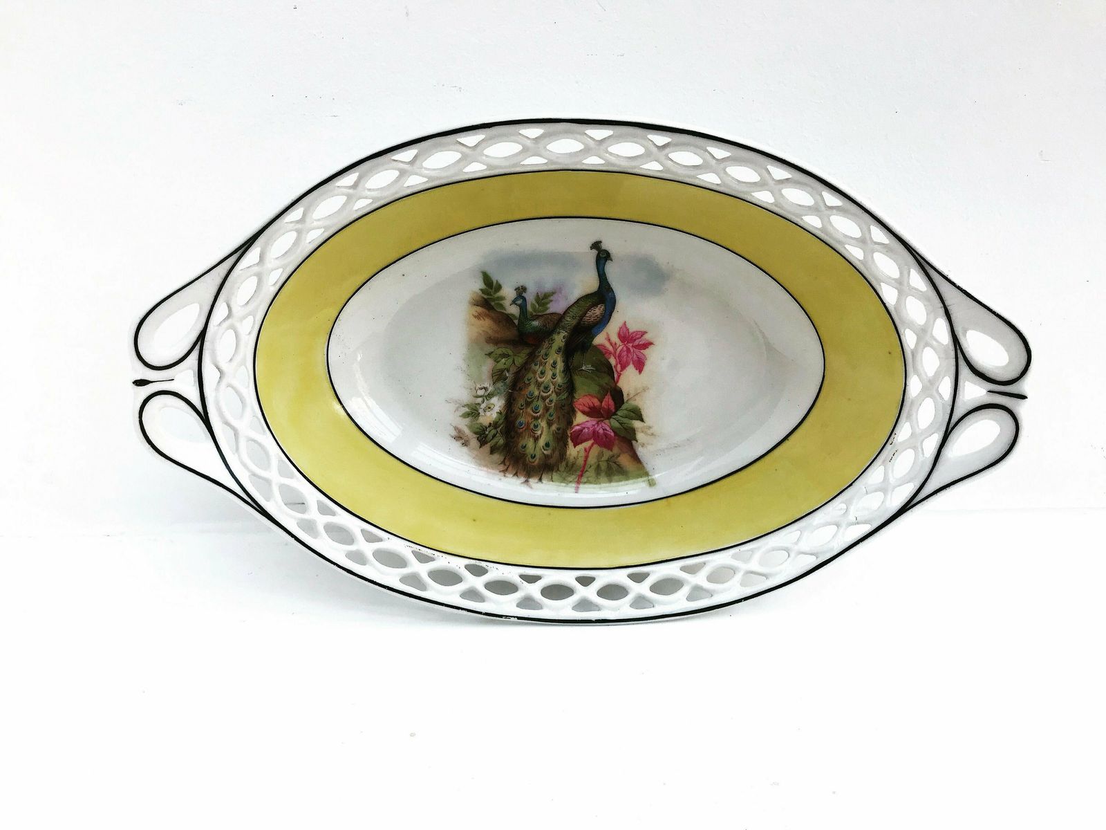 Antique Serving Dish Reticulated Porcelain Oval Open Work Bread Basket Veggie Dish Germany Bread Bowl Plate Dish Hand Painted Bird Peacock photo for sale