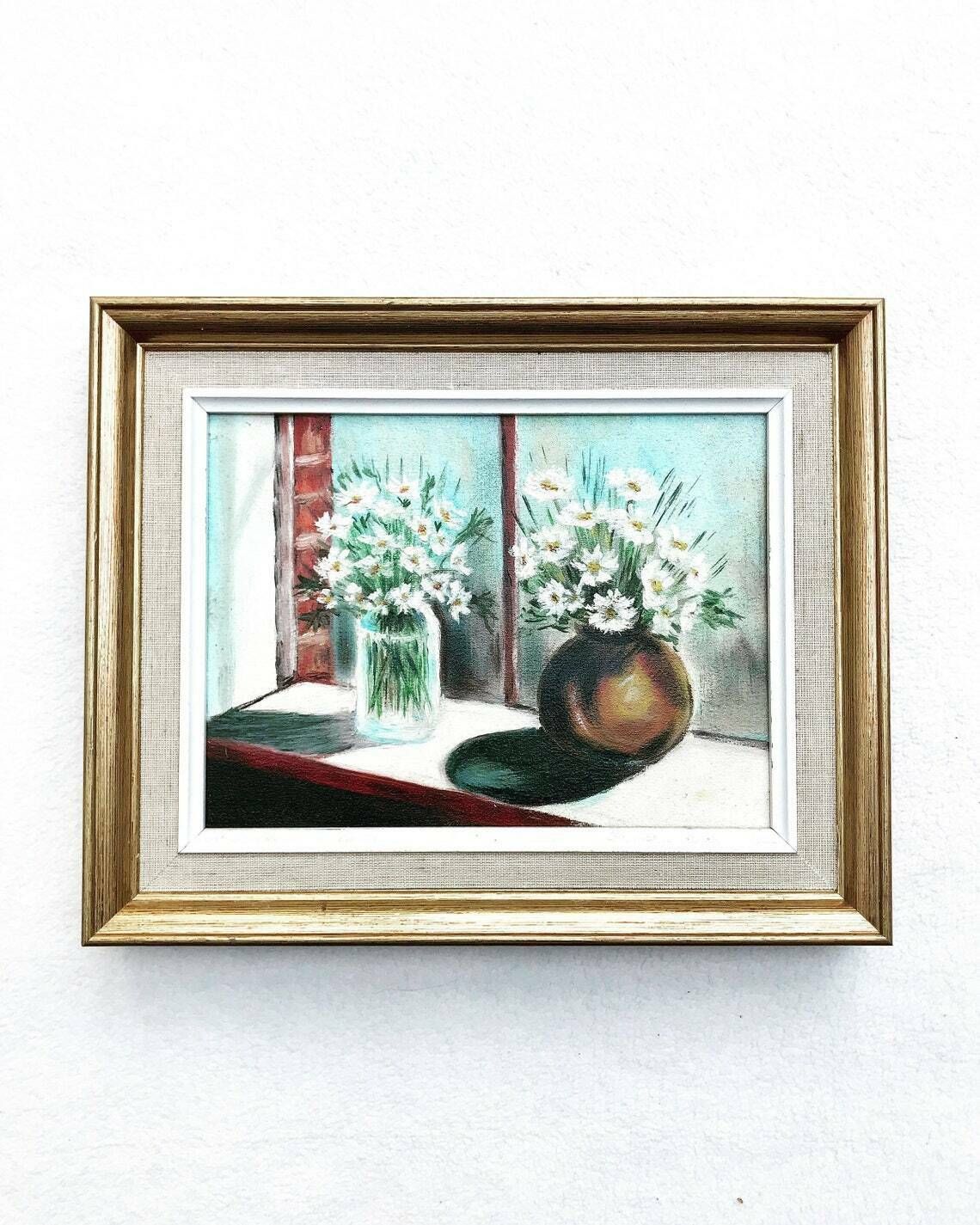 Oil Painting Original Framed Still Life Bouquets Daisy French Vintage Wall Art Bouquet Flowers Acqua Blue Vase Shabby Chic Decor Golden