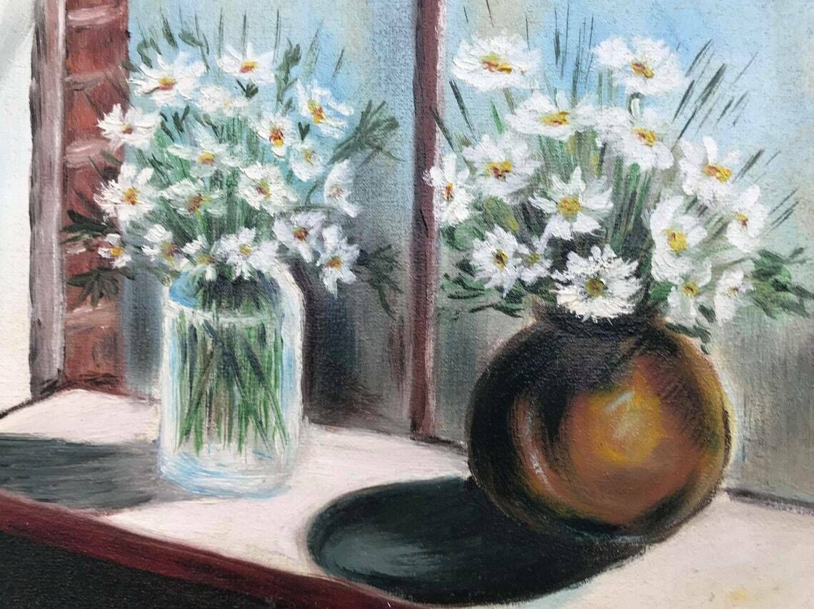 Oil Painting Original Framed Still Life Bouquets Daisy French Vintage Wall Art Bouquet Flowers Acqua Blue Vase Shabby Chic Decor Golden photo furniture