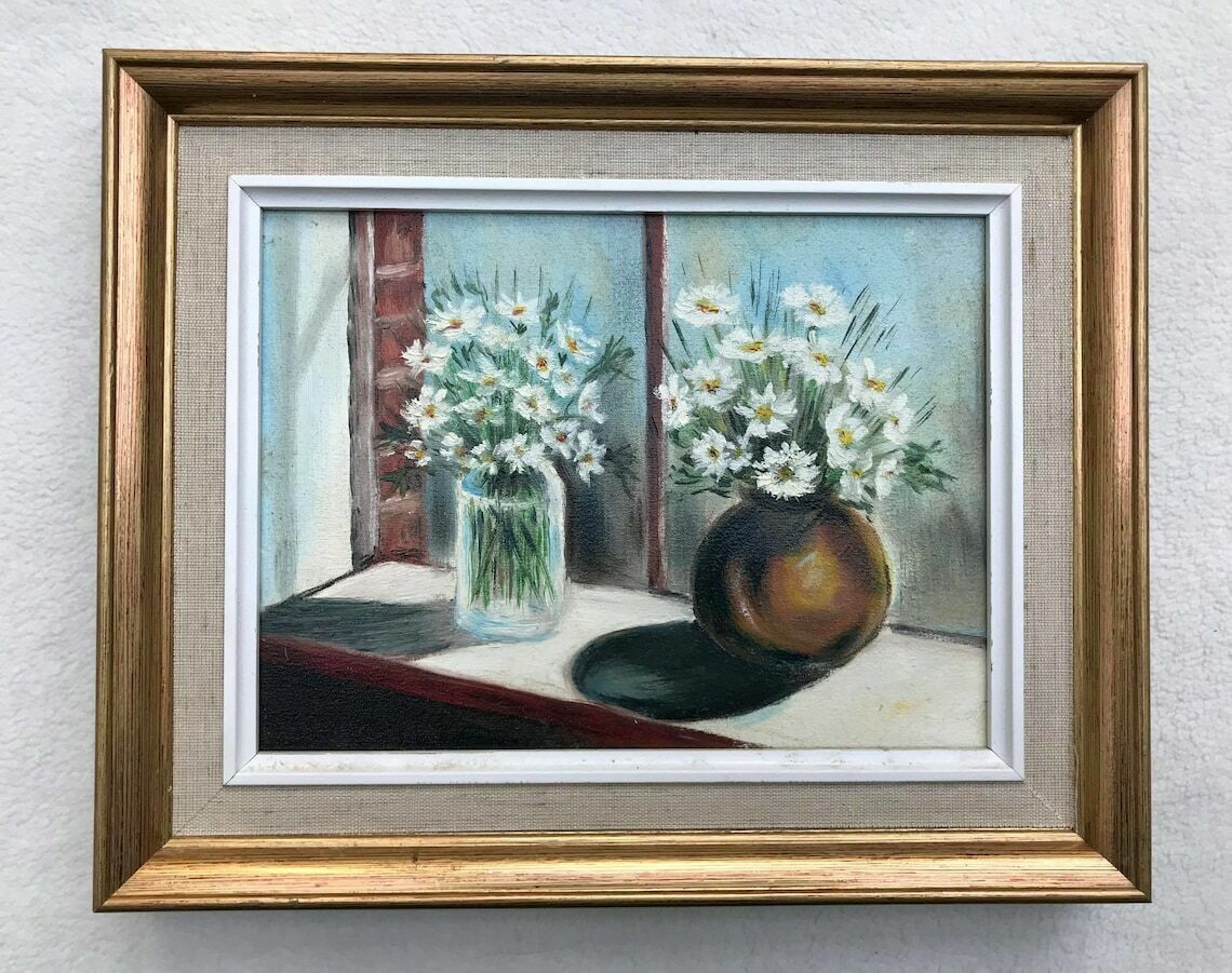 Oil Painting Original Framed Still Life Bouquets Daisy French Vintage Wall Art Bouquet Flowers Acqua Blue Vase Shabby Chic Decor Golden photo 159.0