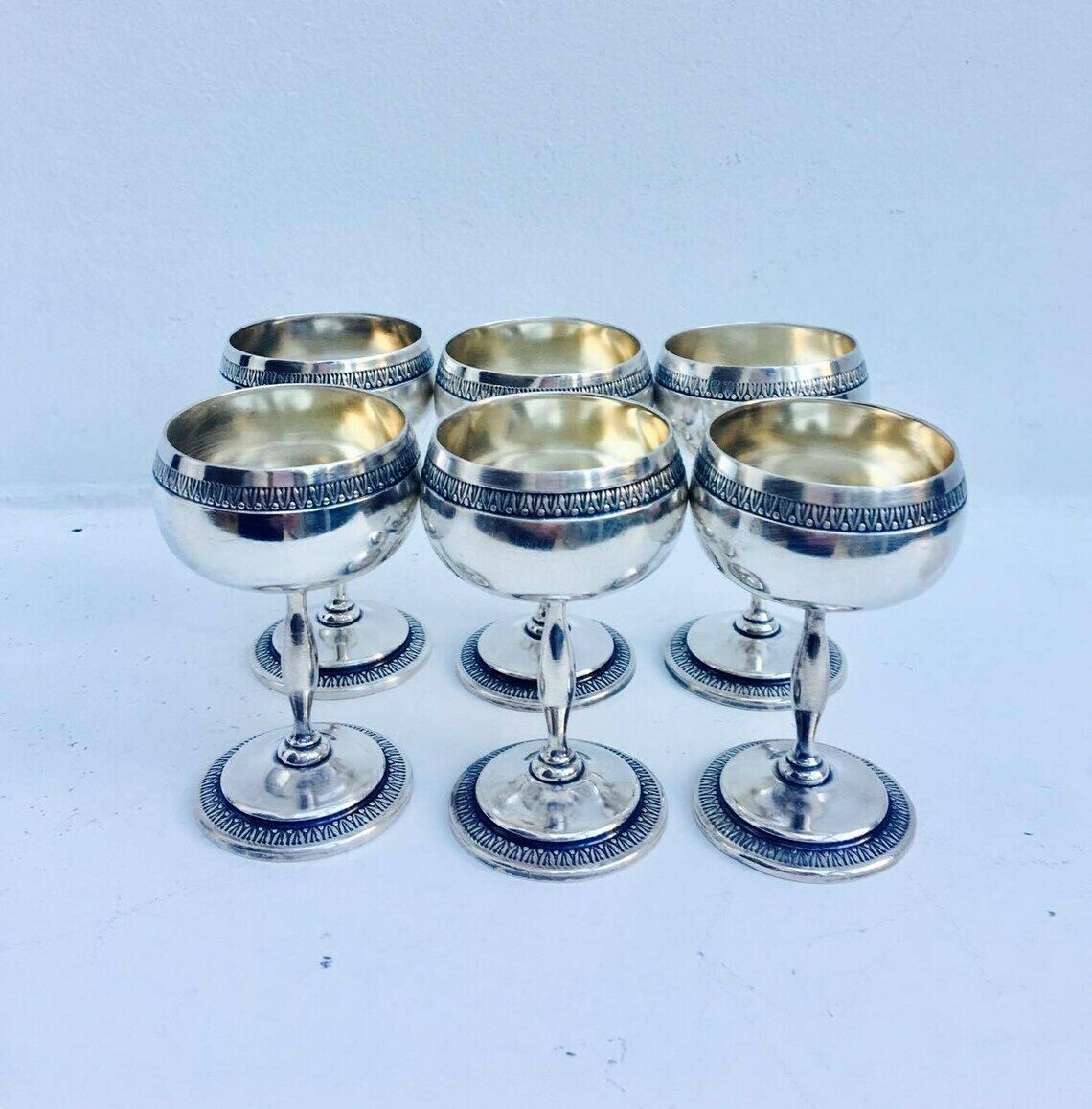 Six, Liqueur Glasses, Metal Shot, Glass, Set Tequila Shots, Silvered Metal Liqueur Service Louis XVI Metal Shot Glass Set, Bar Accessorie photo vinterior