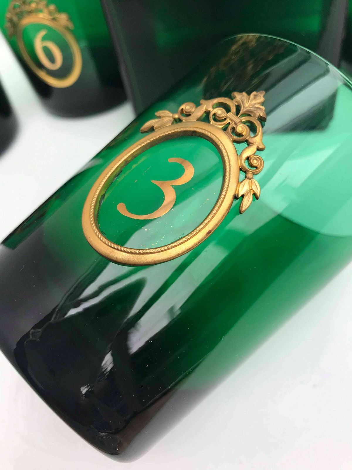 Decanter Set Whisky Brandy Bottle 5 Tumblers Liquor Carafe Green Emerald Glass Brass Decor Bar Cart Gift For Man Cave Decor Gift For Him photo Home Decor