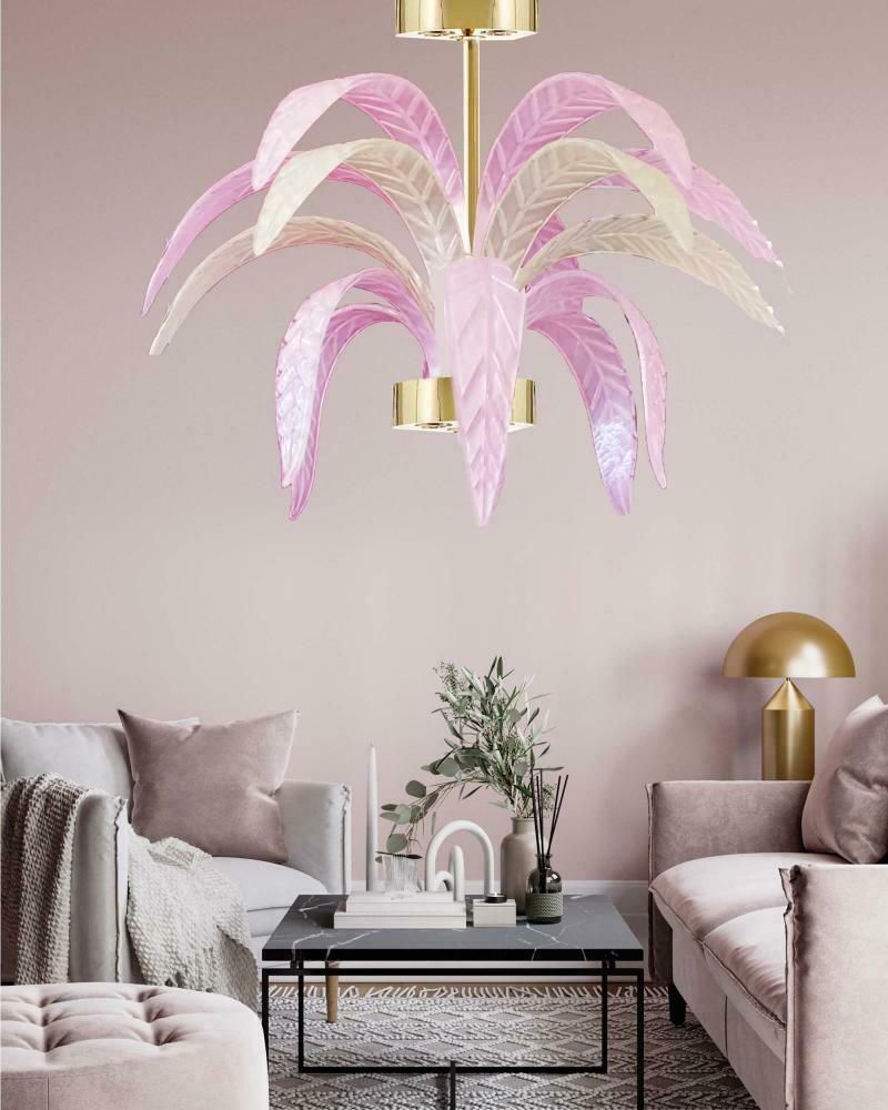 Murano Glass Chandelier Lamp Pink And Opalino Palm