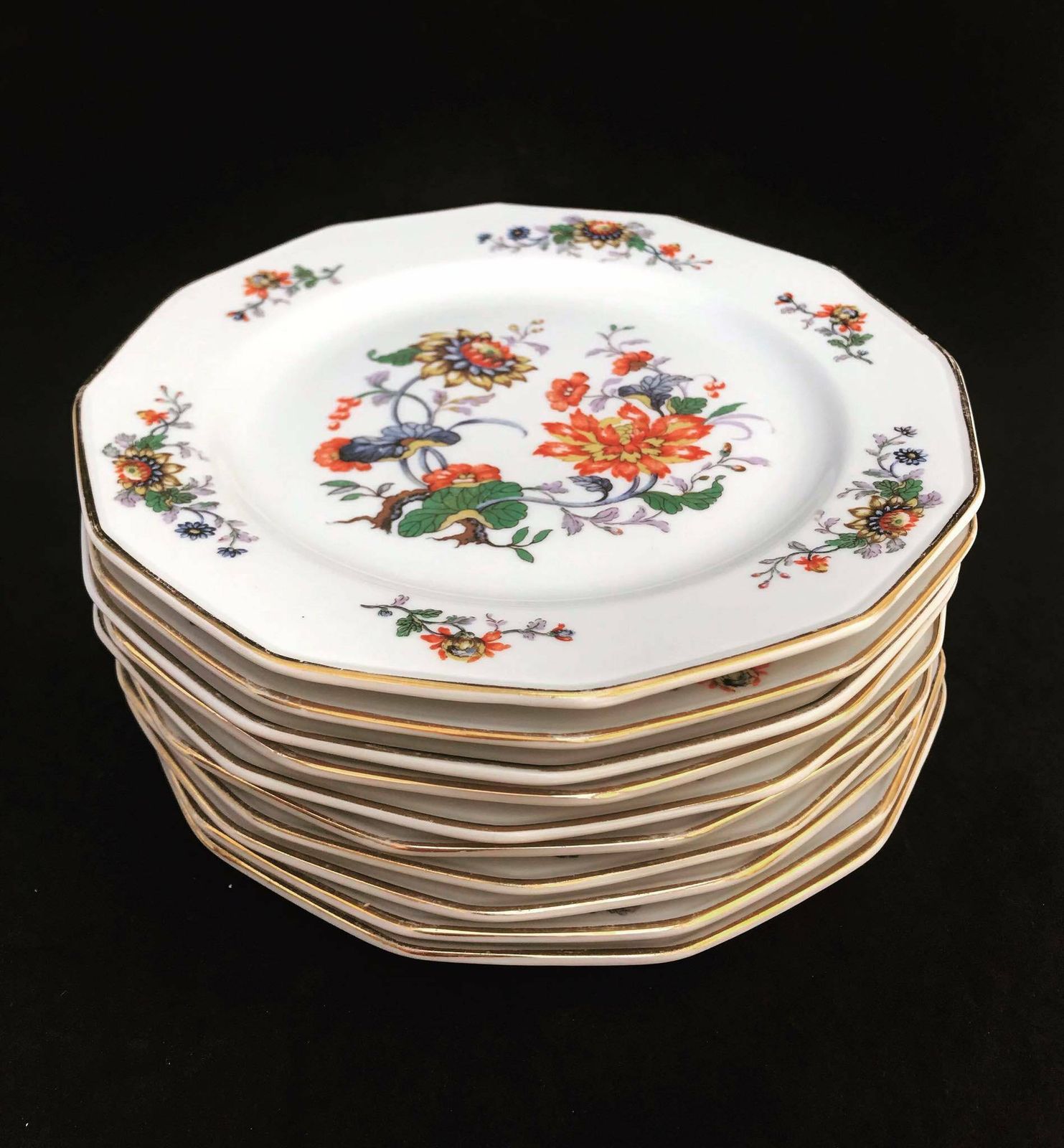 Porcelain Dessert/Cake/Butter Bread Floral Plates Set Of 10, 1940s Porcelain De Boudour Cerabel Belgium Wedding Gift Illustration Gold Rim