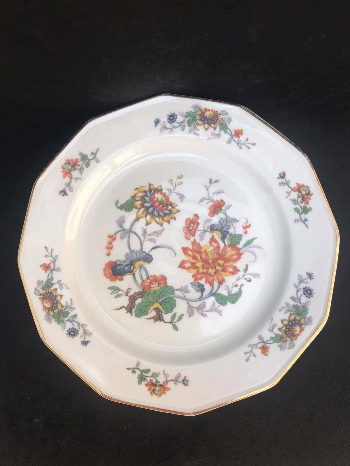 Porcelain Dessert/Cake/Butter Bread Floral Plates Set Of 10, 1940s Porcelain De Boudour Cerabel Belgium Wedding Gift Illustration Gold Rim photo furniture