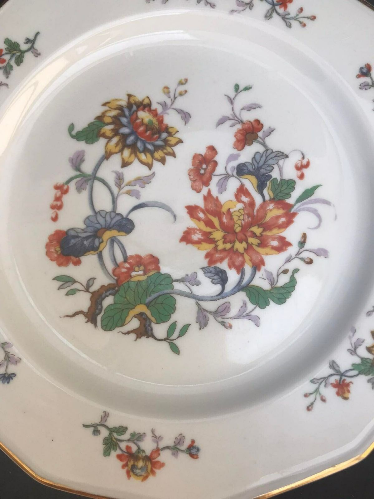 Porcelain Dessert/Cake/Butter Bread Floral Plates Set Of 10, 1940s Porcelain De Boudour Cerabel Belgium Wedding Gift Illustration Gold Rim photo vinterior