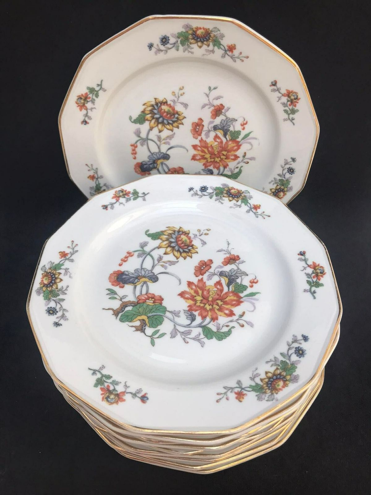 Porcelain Dessert/Cake/Butter Bread Floral Plates Set Of 10, 1940s Porcelain De Boudour Cerabel Belgium Wedding Gift Illustration Gold Rim photo buy