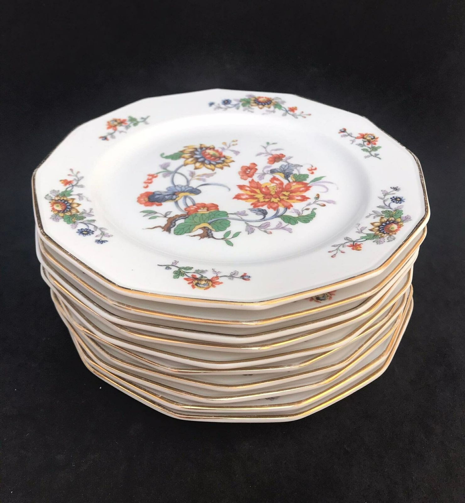 photo for sale Porcelain Dessert/Cake/Butter Bread Floral Plates Set Of 10, 1940s Porcelain De Boudour Cerabel Belgium Wedding Gift Illustration Gold Rim
