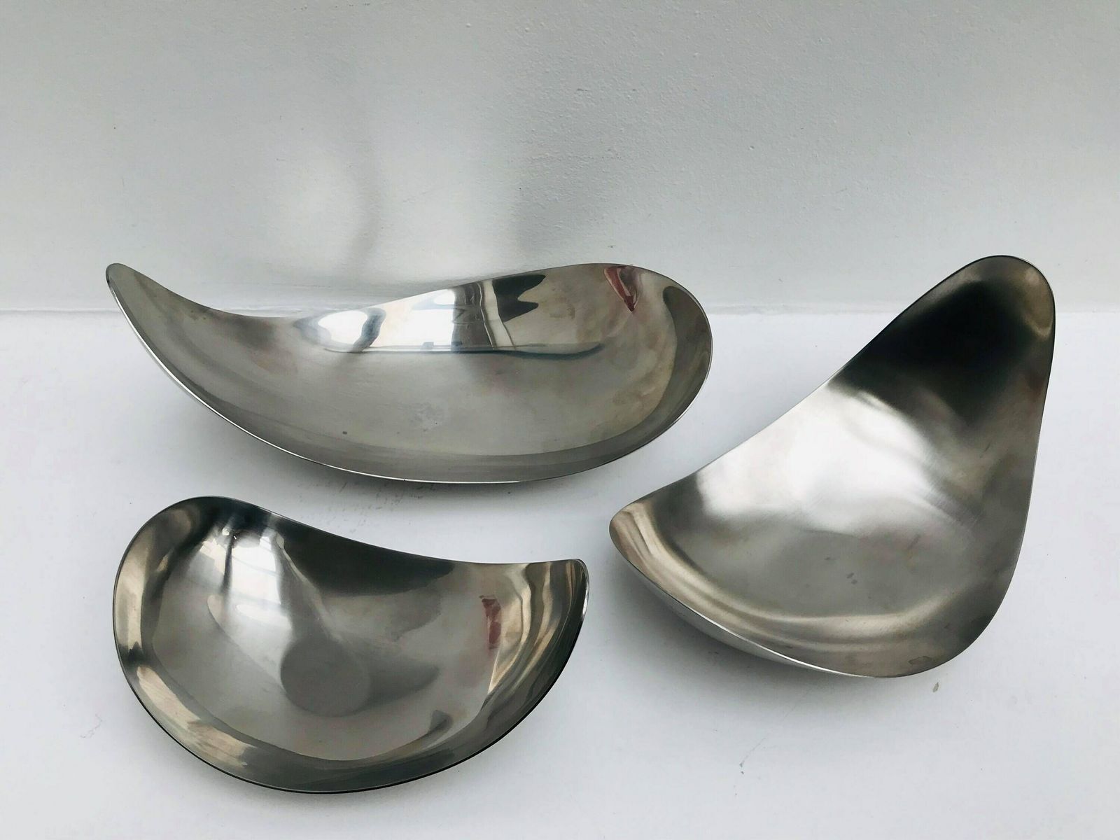 Georg Jensen Leaf Dish Set 3 In Stainless Steel By Helle Damkjaer Vintage Danish Design Scandinavian Appetizer Plates Catch All Dish Gift photo vintage