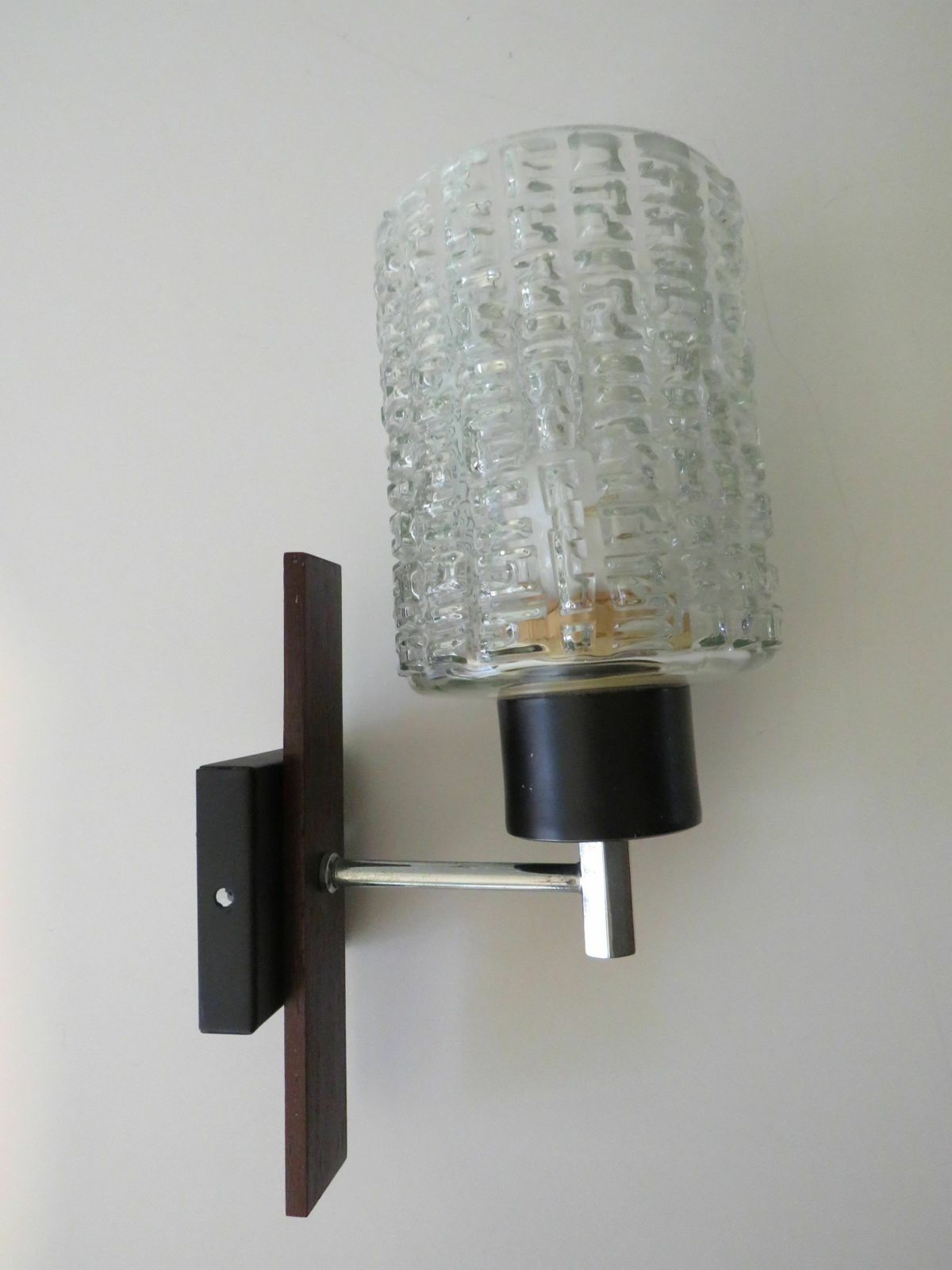 Mid Century Wall Lamp, Teak And Relief Glass Belgium 1970s photo vinterior