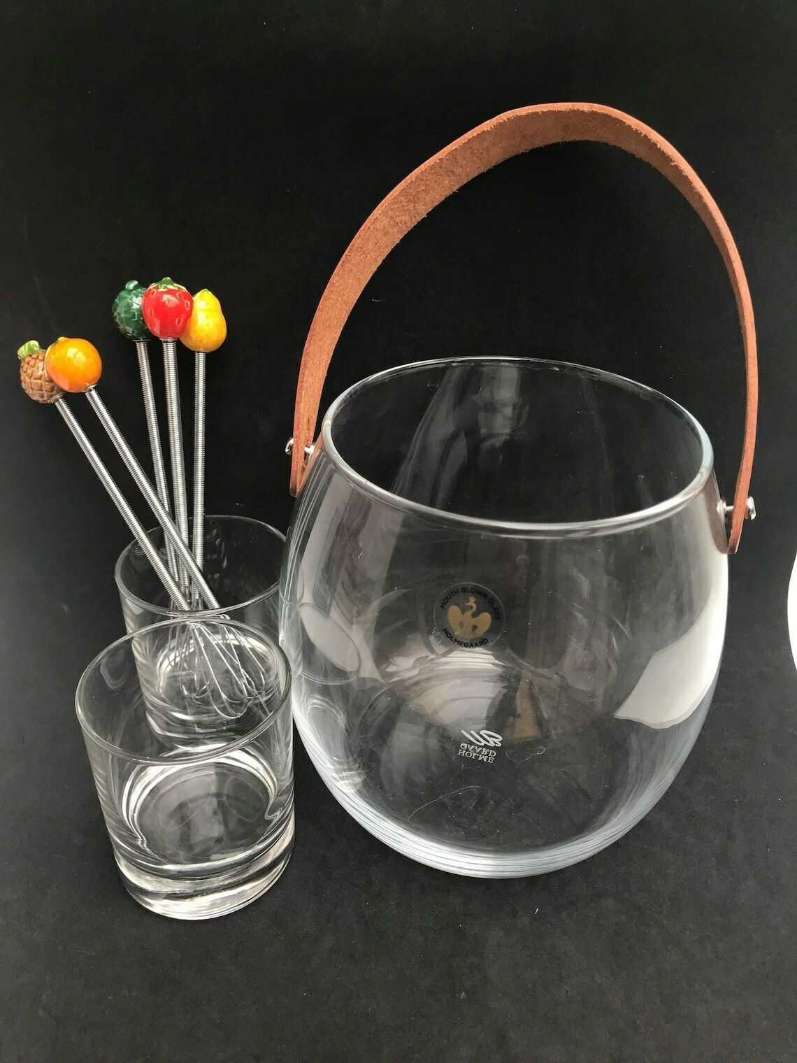 Holmegaard Glass Ice Bucket And 2 Cocktail Glasses With Stirrers Bar Cart Decor Tropical Fruits Gift For Her Bartender Mixology Tools Bar photo 140.0