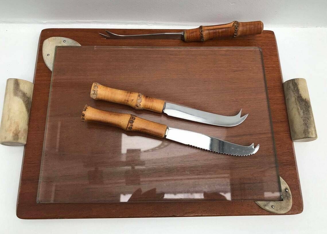Wooden Glass Bamboo Serving Tray Cheese Charcuterie Appetizers Vintage Platter Appetizer Serving Tray Cheese Lover Photography Props Knife photo for sale