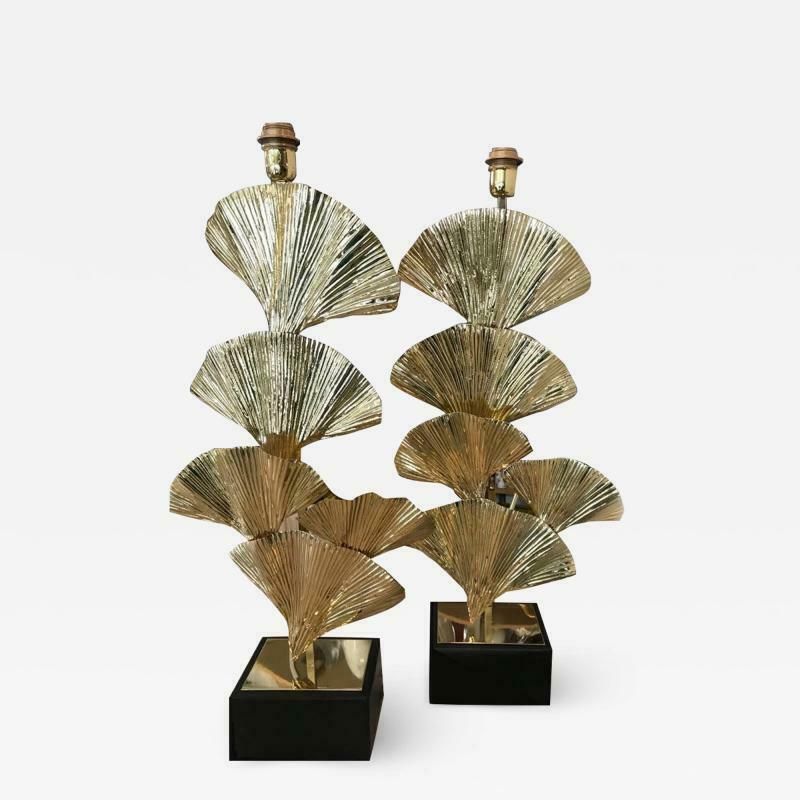 Gold Brass Frame Leaves Of Ginko Biloba Table Lamp  Brass Elements Striped By Handand photo Lighting