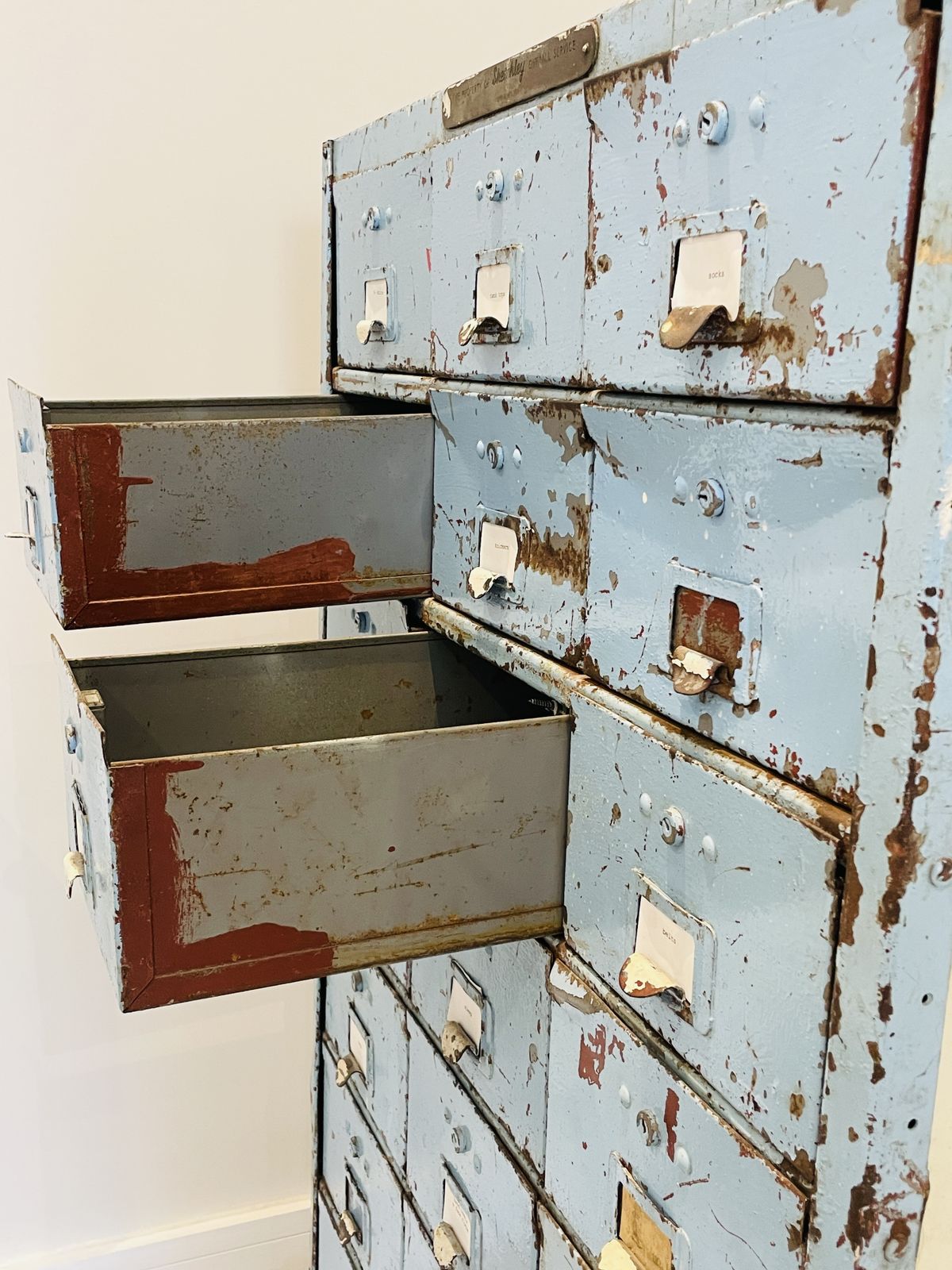 photo buy Industrial Cabinet Chest Of Drawers Sketchley Overall Service 1940s/50s Turquoise 24 Drawers Good Condition