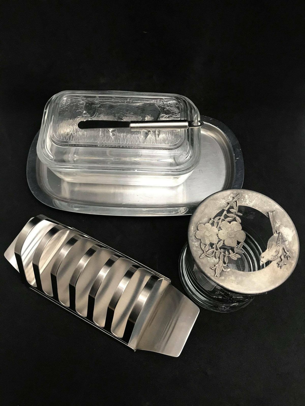 Breakfast Set Butter Dish With Lid Toast Rack Holder Jam Jar Jely Pot Family Table Gift Glass Pewter Stainless Steel Hostess Gift