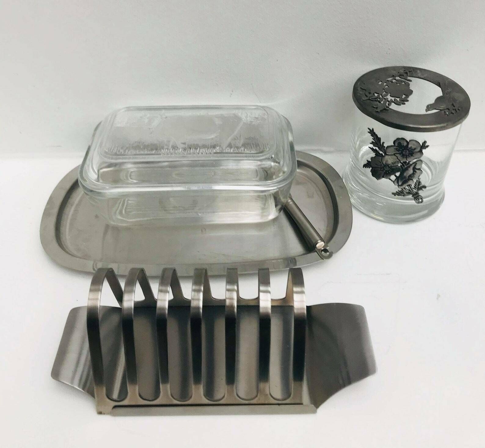 Breakfast Set Butter Dish With Lid Toast Rack Holder Jam Jar Jely Pot Family Table Gift Glass Pewter Stainless Steel Hostess Gift photo vinterior