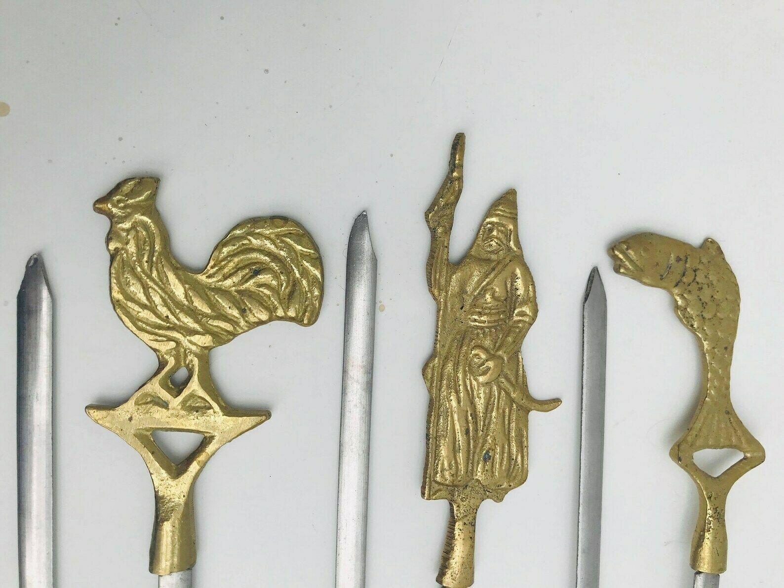 Barbecue Skewers Set Large 6 Barbecue Pikes, Kebab Brass And Steel, 60s, Barbecue Lover Gift Grill Accessories Gift For Man Marshmallow photo for sale