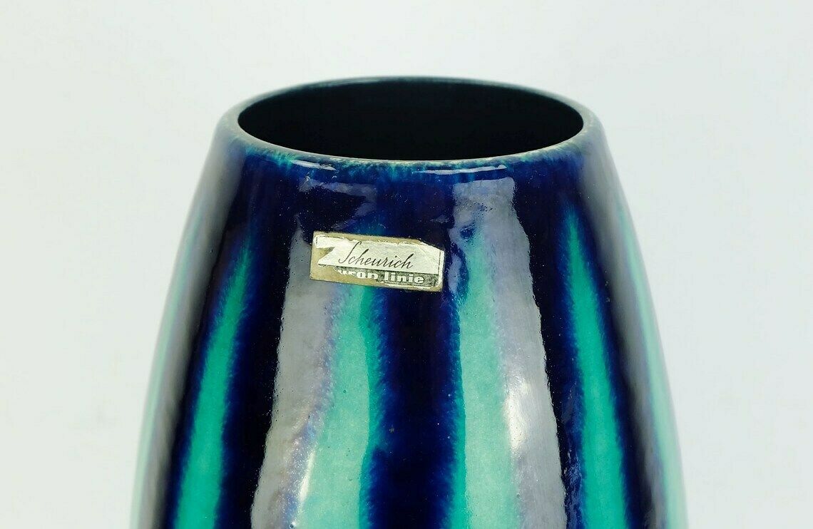 Scheurich Europ Line Mid Century Vase Model 248 38 With Stripe Pattern In Blue And Emerald Green photo 158.074