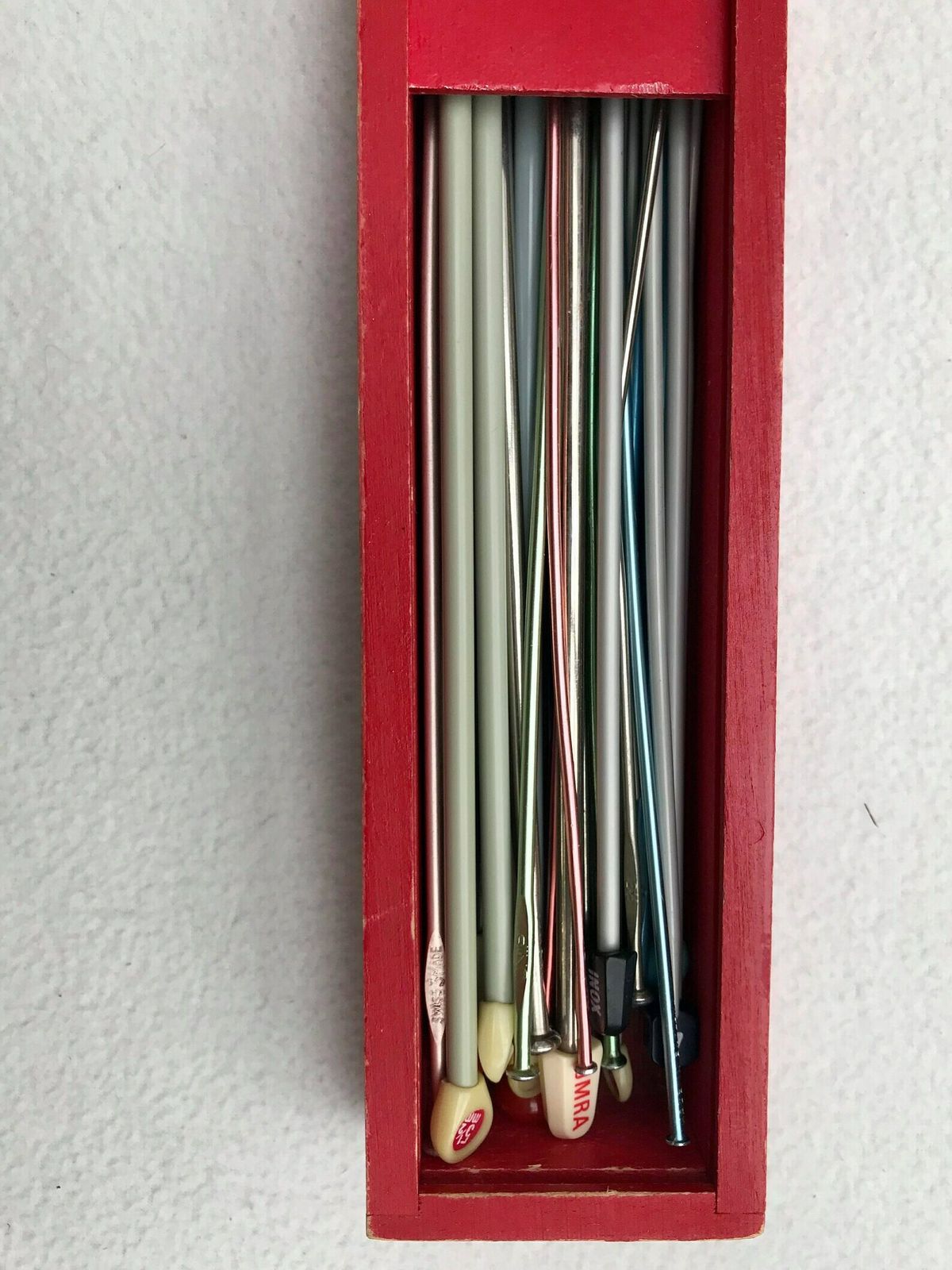 Vintage Knitting Needle Box Red Needles Vintage Wooden Pencil Box Grand Mother Gift Lot Knitting Needles Large Pen Box Knitting Needle Box photo for sale