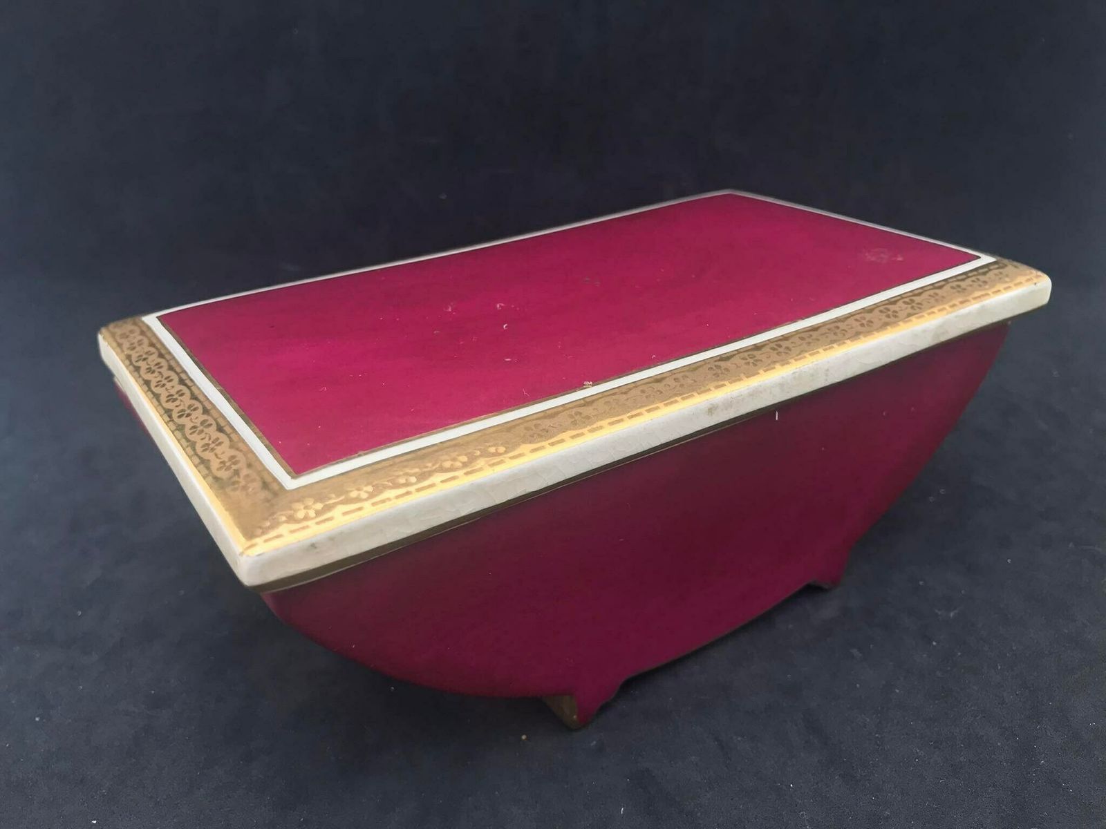 Ceramic Box Antique Candy Box Jewelry Box Burgundy Ceramic With Golden Rim Decor Crown Devon Fieldings Staffordshire England Vanity Decor