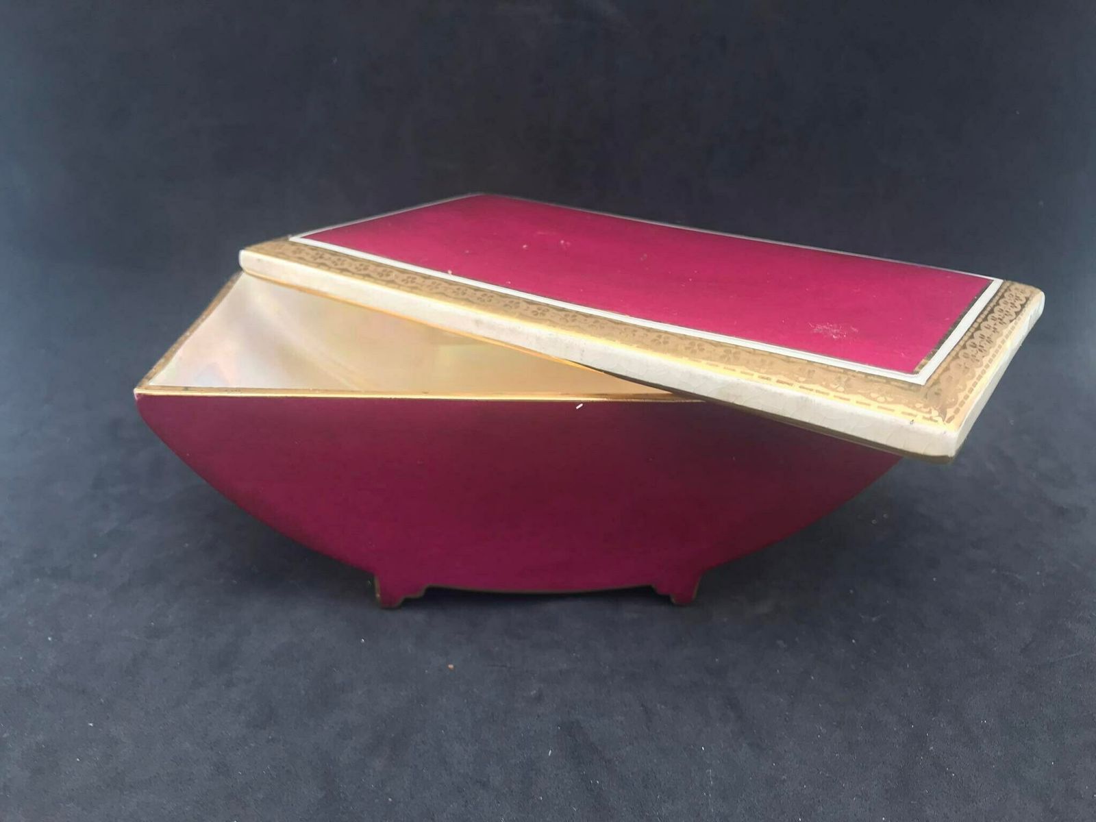photo furniture Ceramic Box Antique Candy Box Jewelry Box Burgundy Ceramic With Golden Rim Decor Crown Devon Fieldings Staffordshire England Vanity Decor