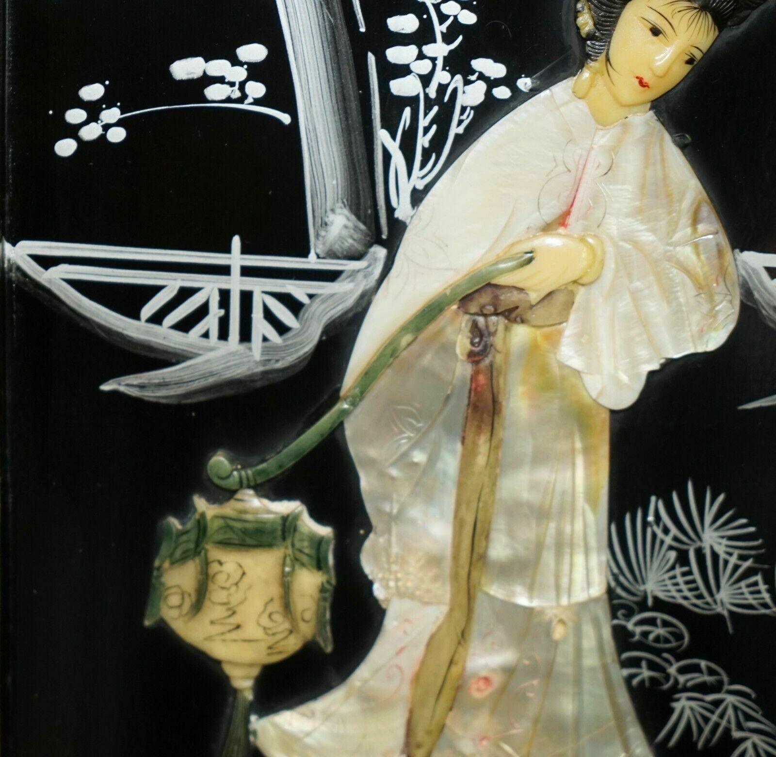 Pair Of Stunning Vintage Soapstone & Mother Of Pearl Geisha Girl Wall Panels photo buy