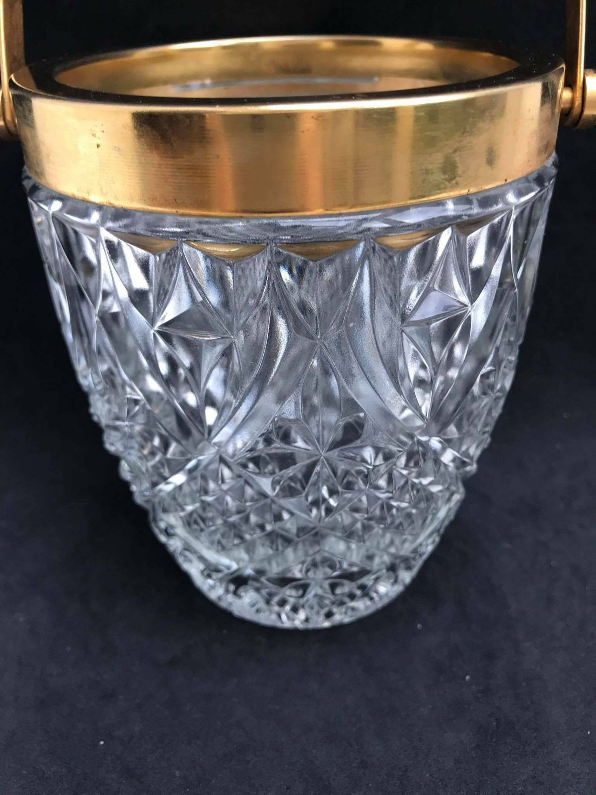 Ice Bucket Heavy Cut Crystal French With Golden Metal Handles Mid Century Barware Mixology Tools Bar Cart Hollywood Regency Man Cave Gift photo for sale