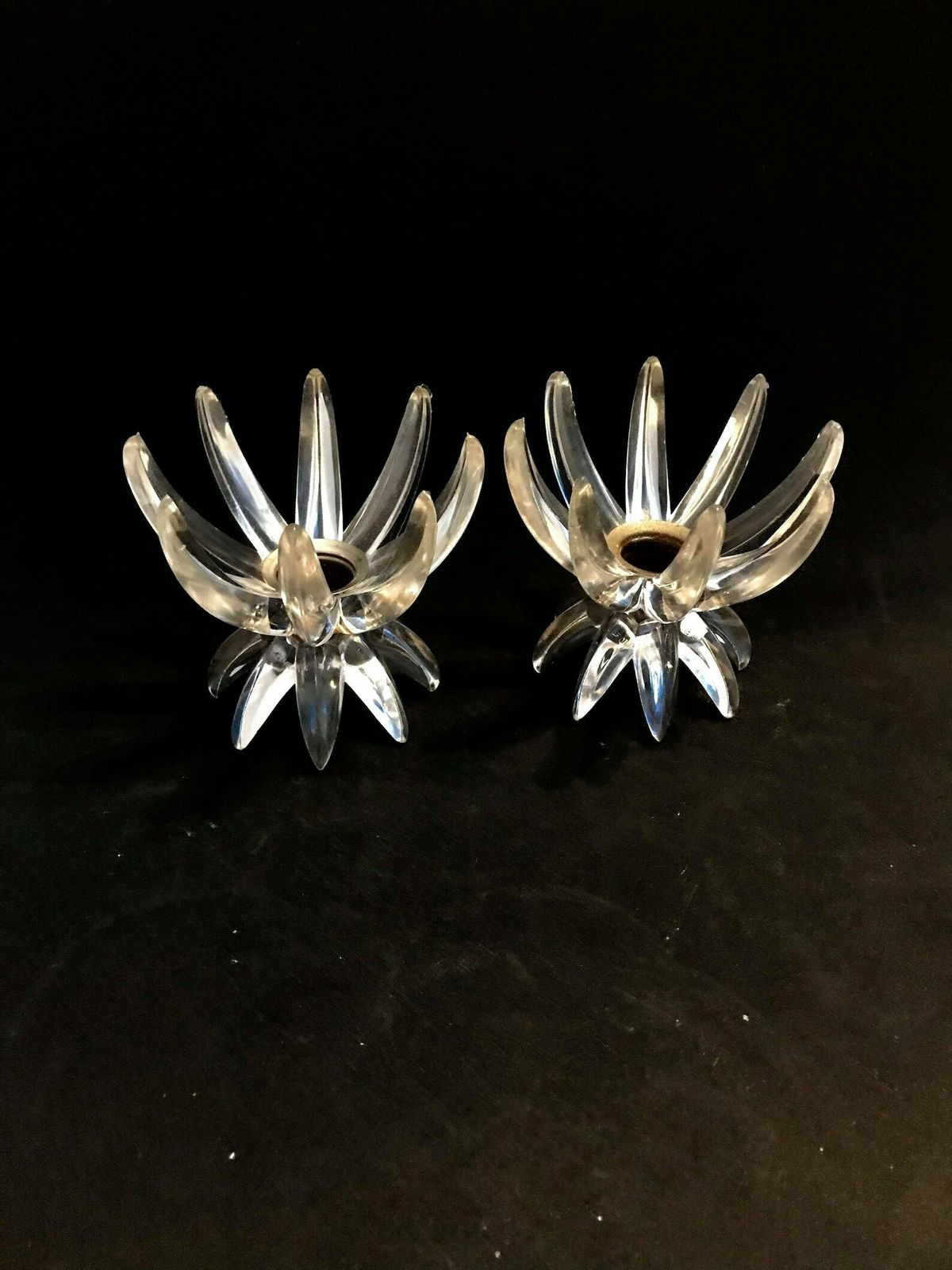 Lucite Candlesticks, Clear Lucite Decor Candle Holders, Mid Century Atomic Decor Lucite German Friedel Ges Gesch Lotus Candle Holder, Mcm photo for sale