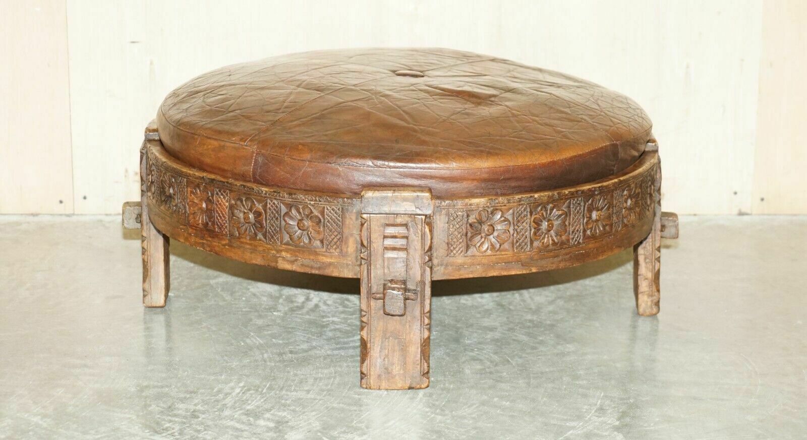 Antique Circa 1850 Hand Carved Brown Leather Olive Press Coverted To Footstool