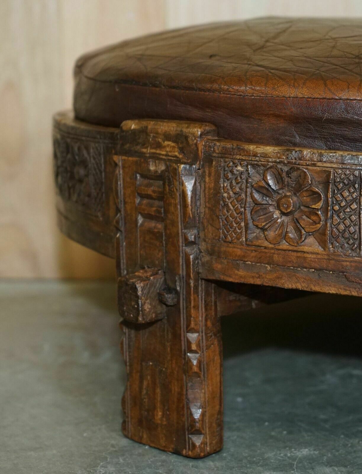 Antique Circa 1850 Hand Carved Brown Leather Olive Press Coverted To Footstool photo for sale