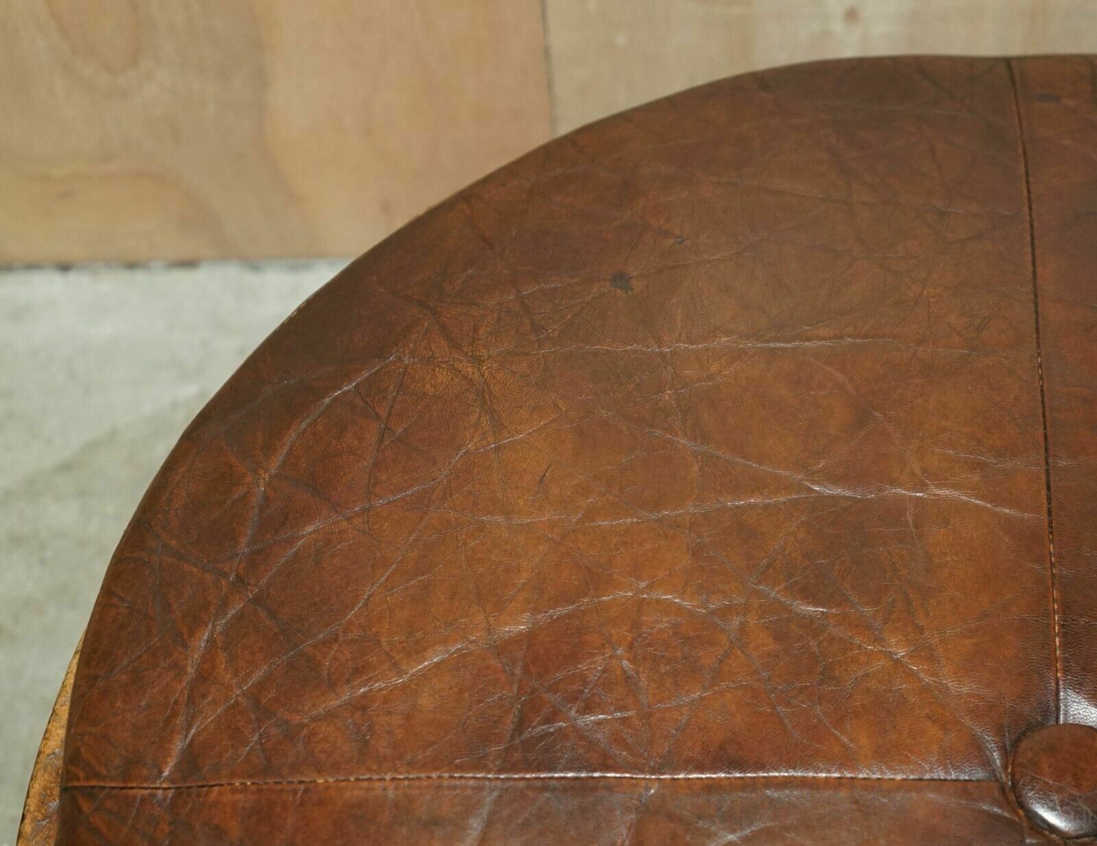 photo furniture Antique Circa 1850 Hand Carved Brown Leather Olive Press Coverted To Footstool