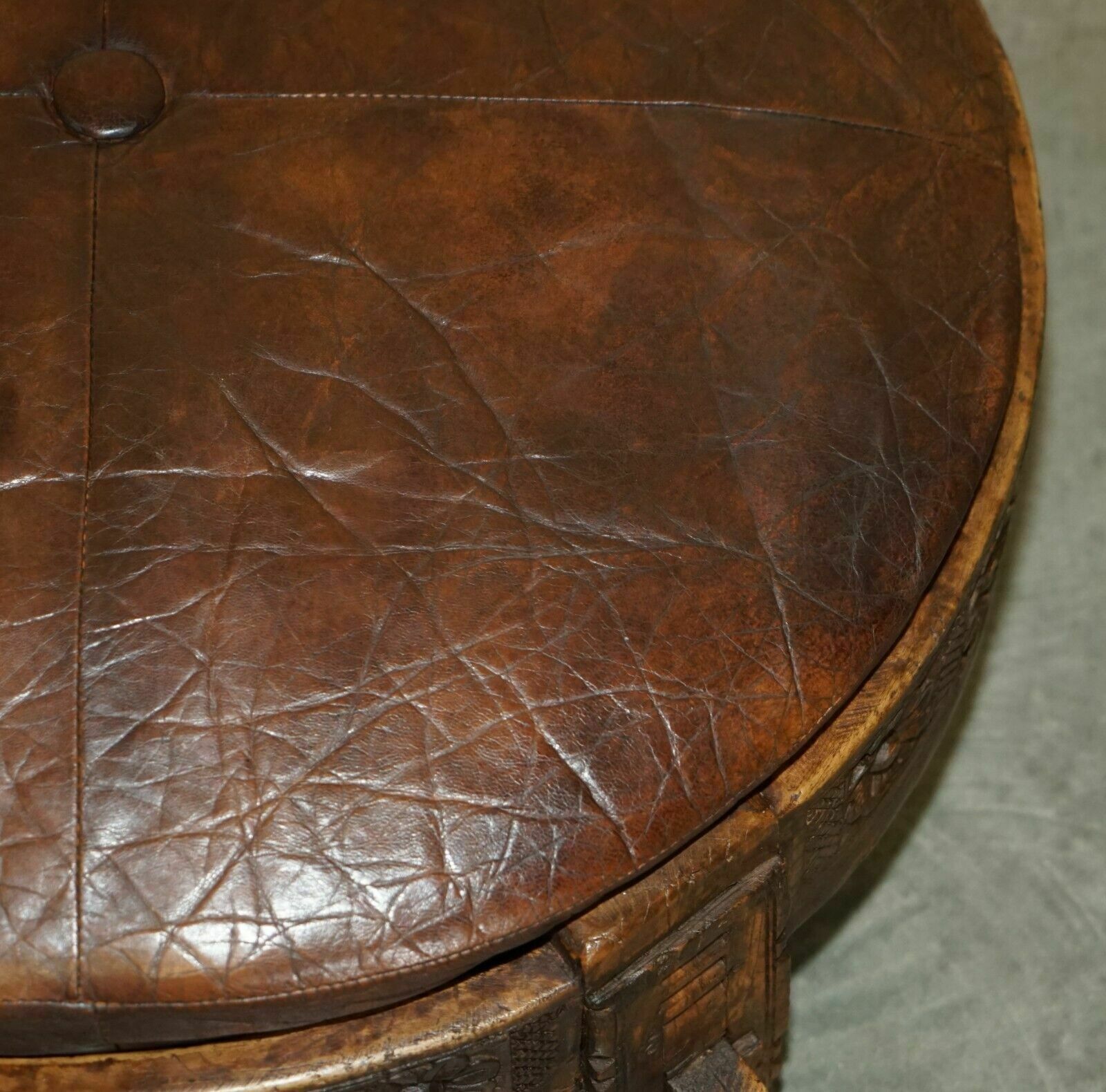 2350.0 Antique Circa 1850 Hand Carved Brown Leather Olive Press Coverted To Footstool photo