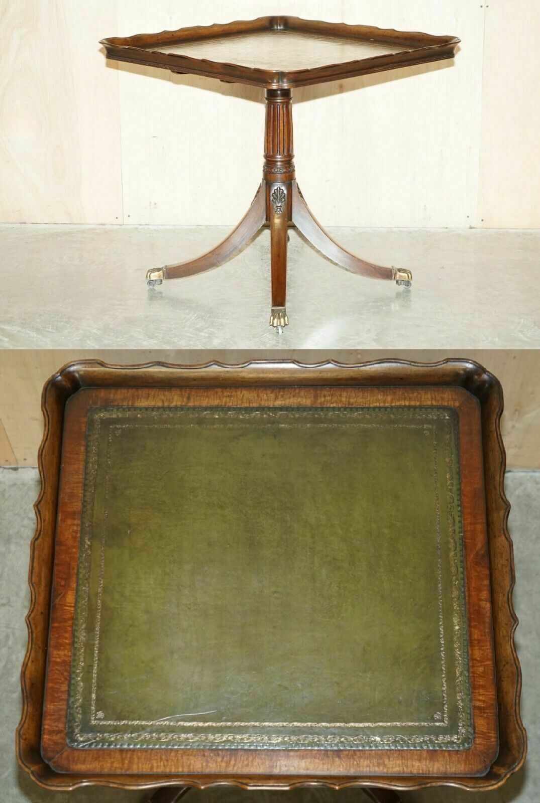 Large Ornately Carved Antique Mahognay & Green Leather Tilt Top Centre Table