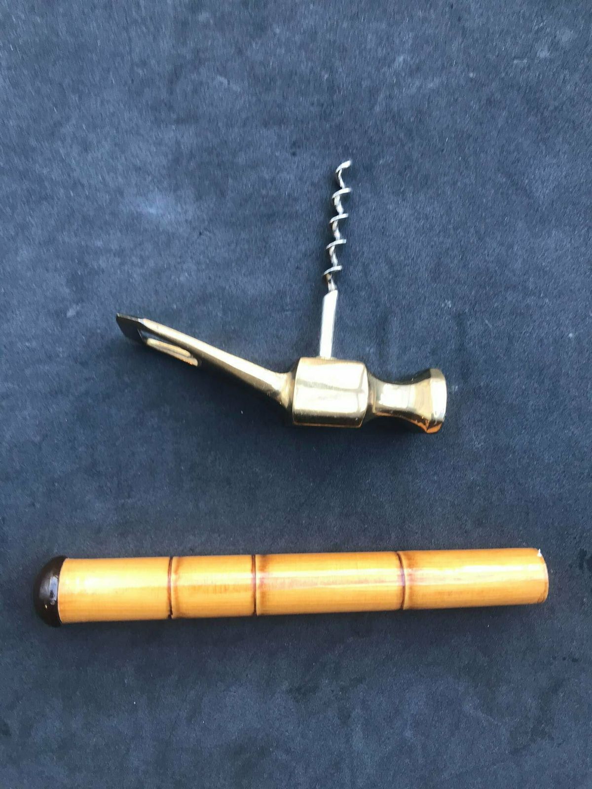 Bottle Opener, Nutcracker Cork Screw Mid Century Brass Hammer With Bamboo Handle, 1950s Tiki Bar Decor Gift For Him Man Cave Gift Boho Gift photo for sale