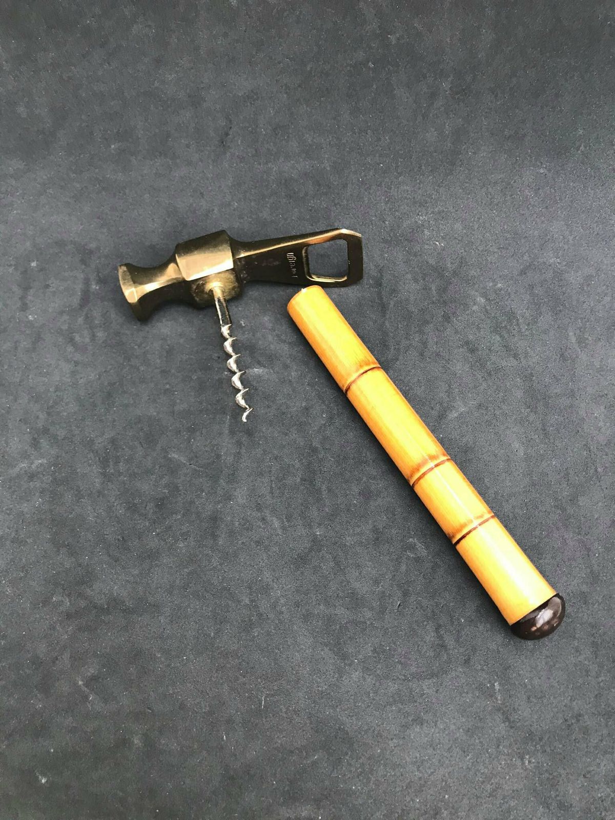 Bottle Opener, Nutcracker Cork Screw Mid Century Brass Hammer With Bamboo Handle, 1950s Tiki Bar Decor Gift For Him Man Cave Gift Boho Gift photo buy