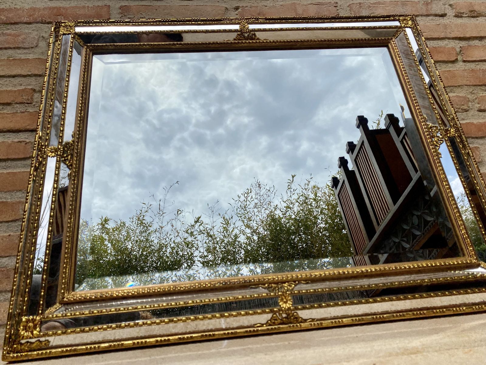 Gilded Carved Wood French Directoire Wall Venetian Mirror, Circa 1940 photo for sale