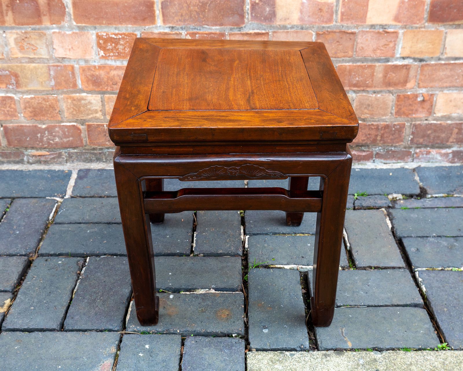 Antique Chinese Square Humpback Lamp Table Coffee Side Qing Dynasty 1900 Bat Carving Jumu Southern Elm Wood Infinity Knot photo for sale