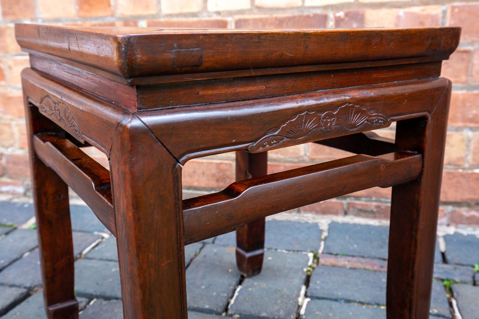Antique Chinese Square Humpback Lamp Table Coffee Side Qing Dynasty 1900 Bat Carving Jumu Southern Elm Wood Infinity Knot photo 750.0